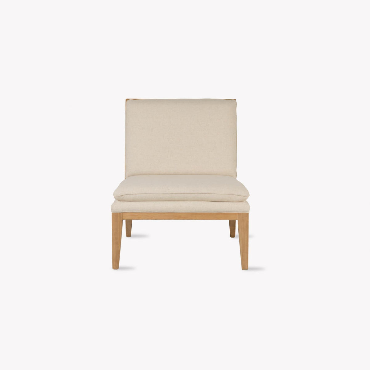 A modern accent chair with a light beige upholstered seat and backrest, supported by a light natural wood frame with tapered legs, shown against a plain white background.