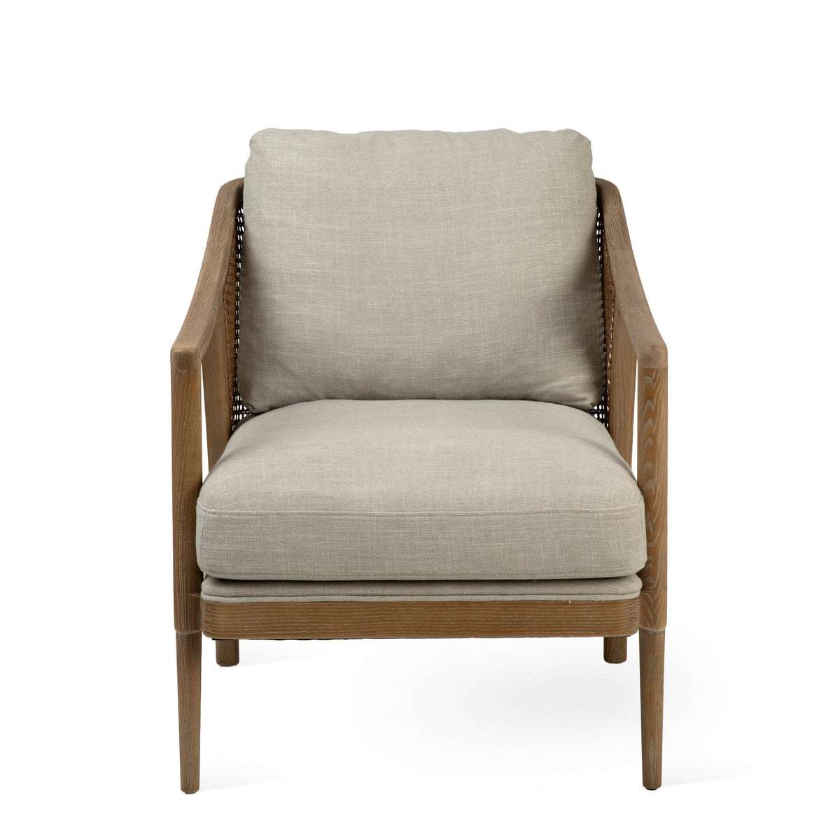 A modern accent chair featuring a warm medium-brown wooden frame with nailhead trim and thick, plush light beige linen cushions, shown against a plain white background.