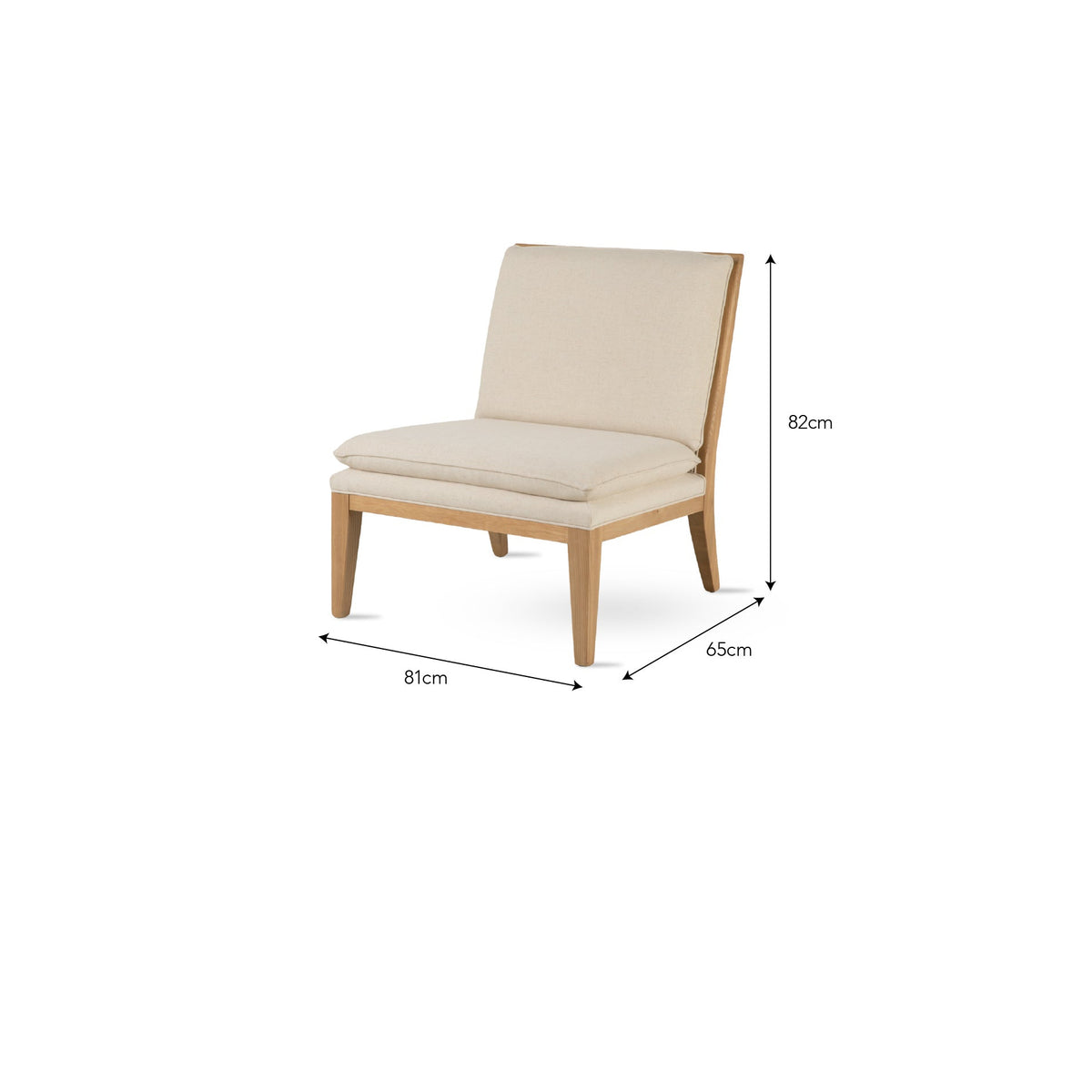 A light beige upholstered accent chair with a natural wood frame, shown with dimension lines and labels indicating 82cm height, 85cm width, and 81cm depth on a white background.