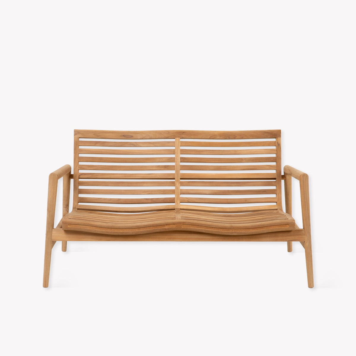 A modern wooden slat-back outdoor loveseat with armrests, shown from the front against a plain white background.