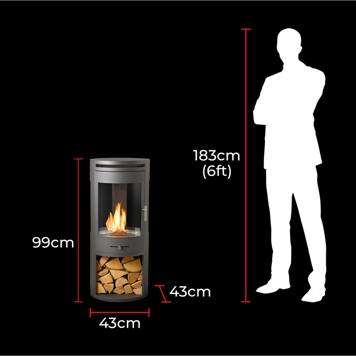 A freestanding cylindrical wood-burning stove or fireplace shown on a black background with red dimension lines and text indicating 99 cm height, 43 cm width, and 183 cm total height, alongside a white human silhouette for scale.