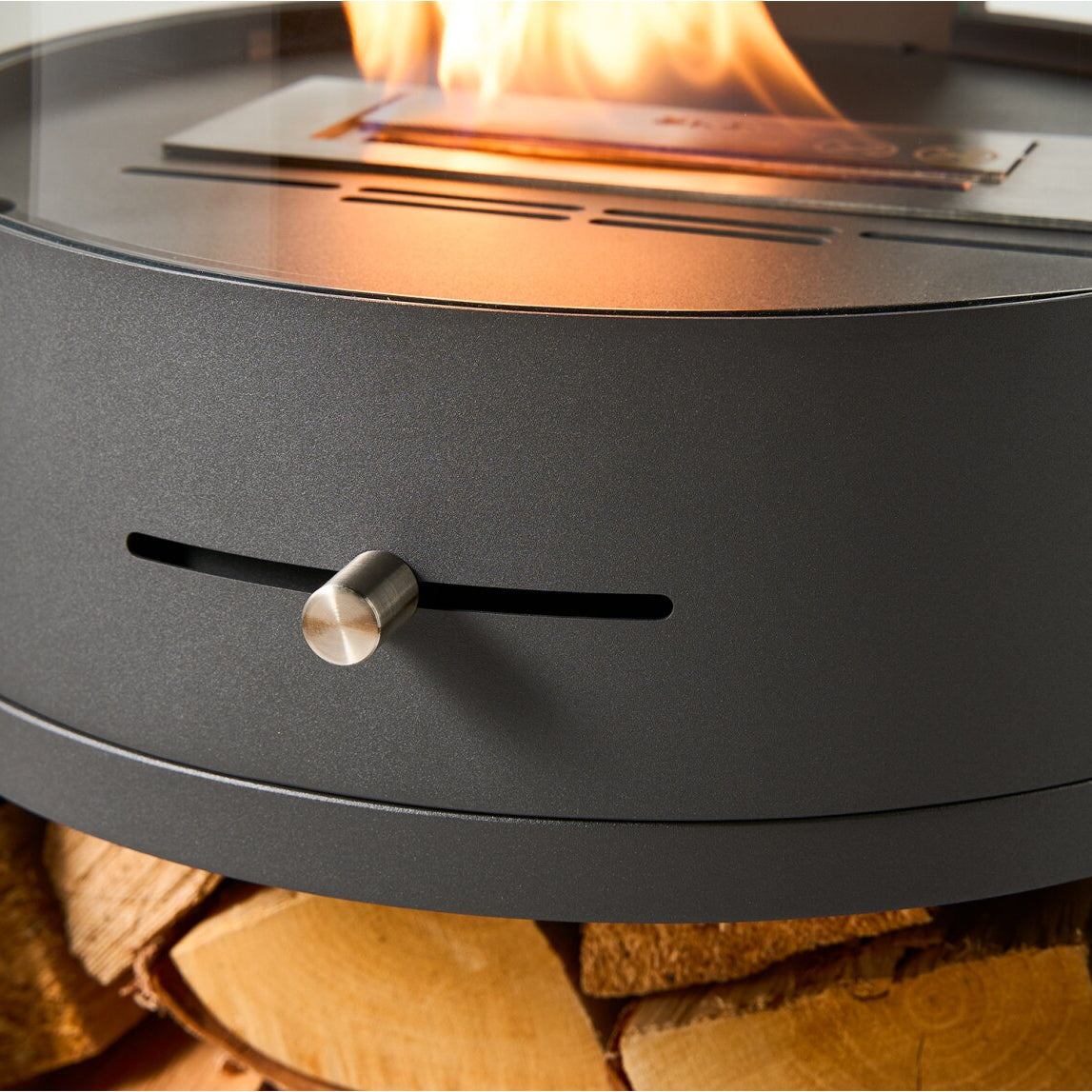 ÖKO S7 Bioethanol Stove with Panoramic Glass, Log Storage – Charcoal Grey
