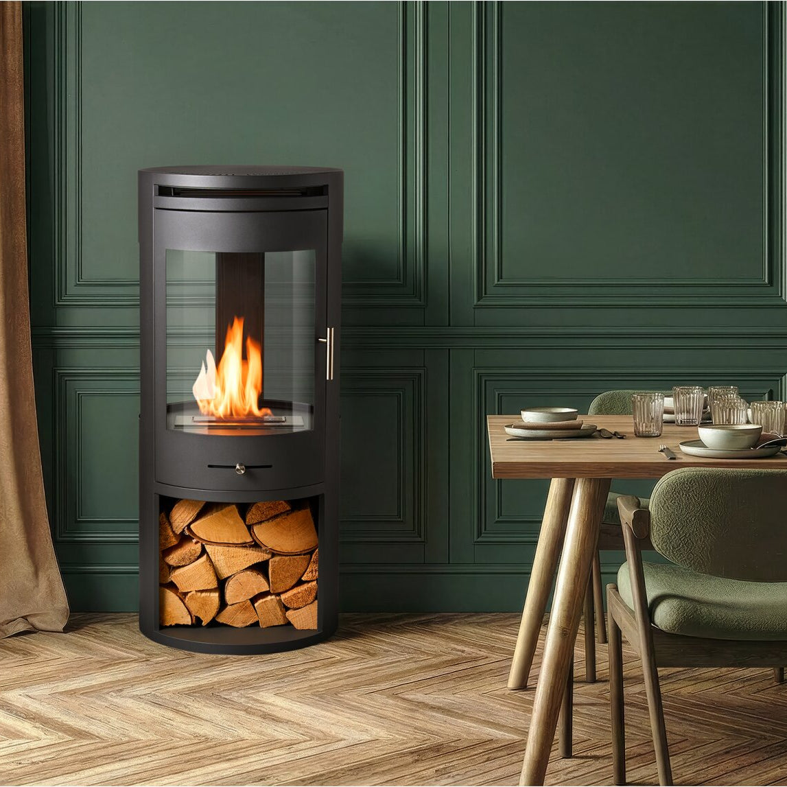 Modern fireplace with wooden logs in a room with a dining table and chairs.