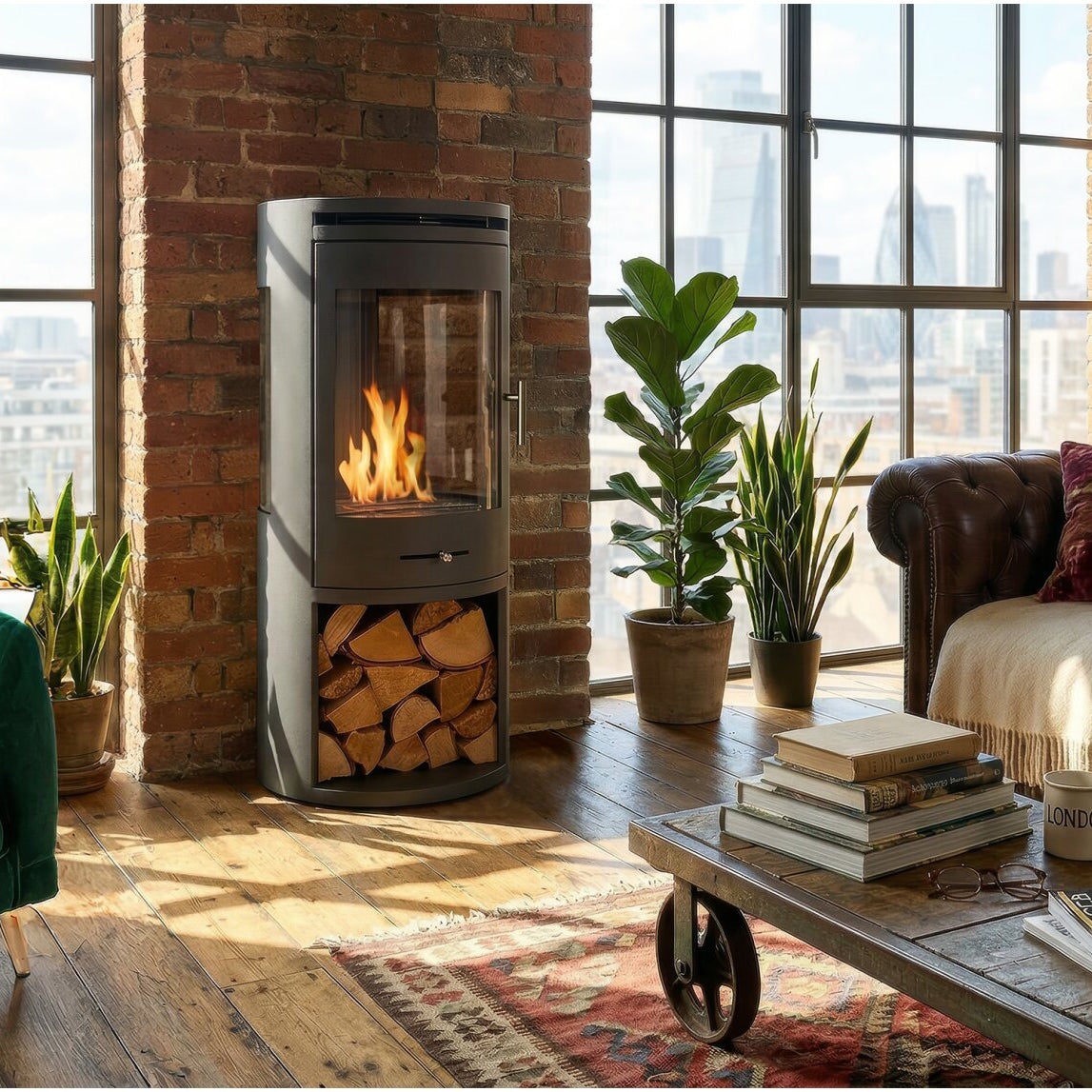 ÖKO S7 Bioethanol Stove with Panoramic Glass, Log Storage – Charcoal Grey