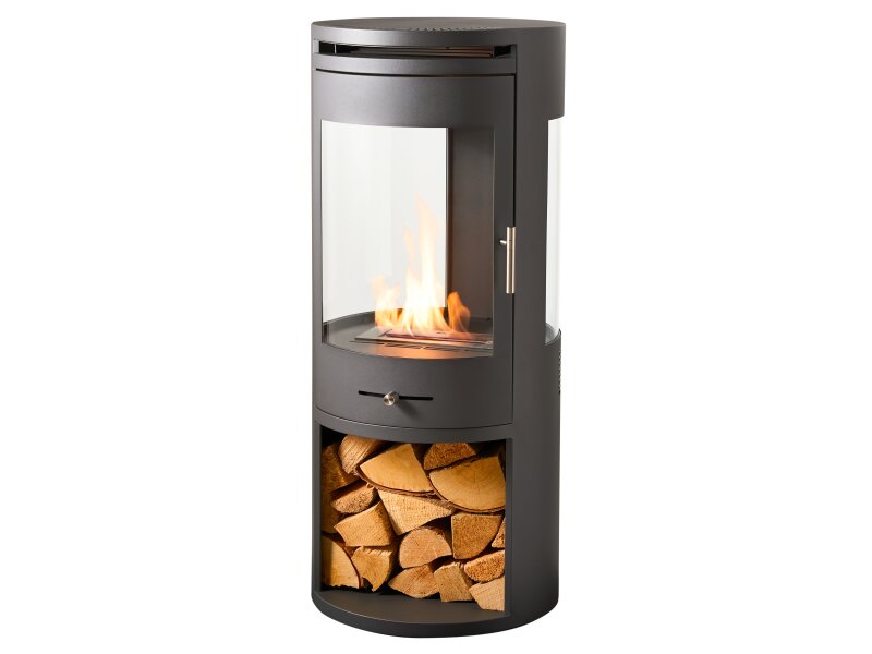Modern outdoor fireplace with glass door and wood storage on a white background