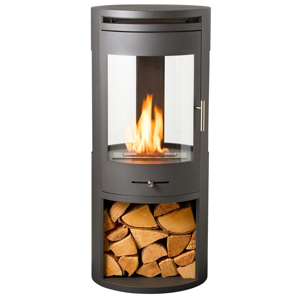 ÖKO S7 Bioethanol Stove with Panoramic Glass, Log Storage – Charcoal Grey