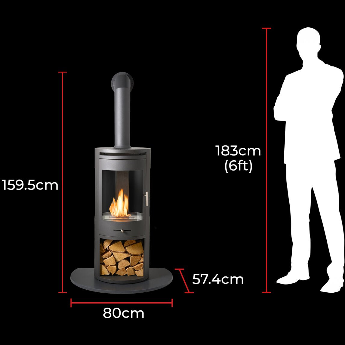 A dark gray boiethanol stove with a visible fire and stacked wood logs, shown on a black background with red dimension lines and a white human silhouette indicating height and width measurements.