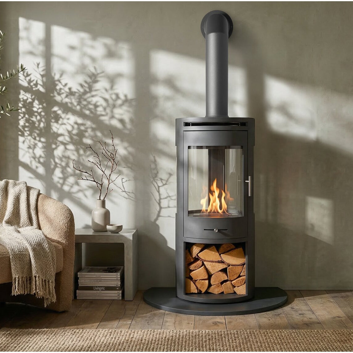 A modern dark gray bioethanol stove with a visible fire, set in a cozy living room next to a beige armchair and side table.