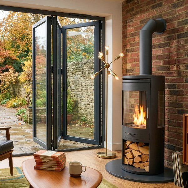 A modern black wood-burning stove with a visible fire, set in a cozy room with a brick wall, large folding glass doors opening to a garden, and a leather armchair with a plaid throw.
