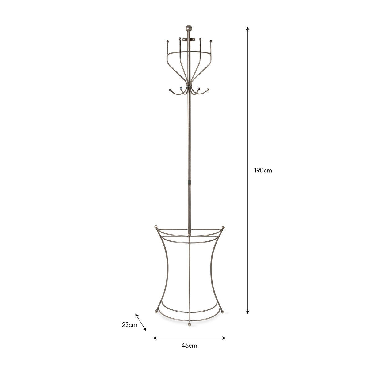A metal coat rack with a tall central pole, multiple hooks at the top, and a curved lower base, shown on a white background with dimension labels indicating 190 cm height, 46 cm width, and 23 cm depth.