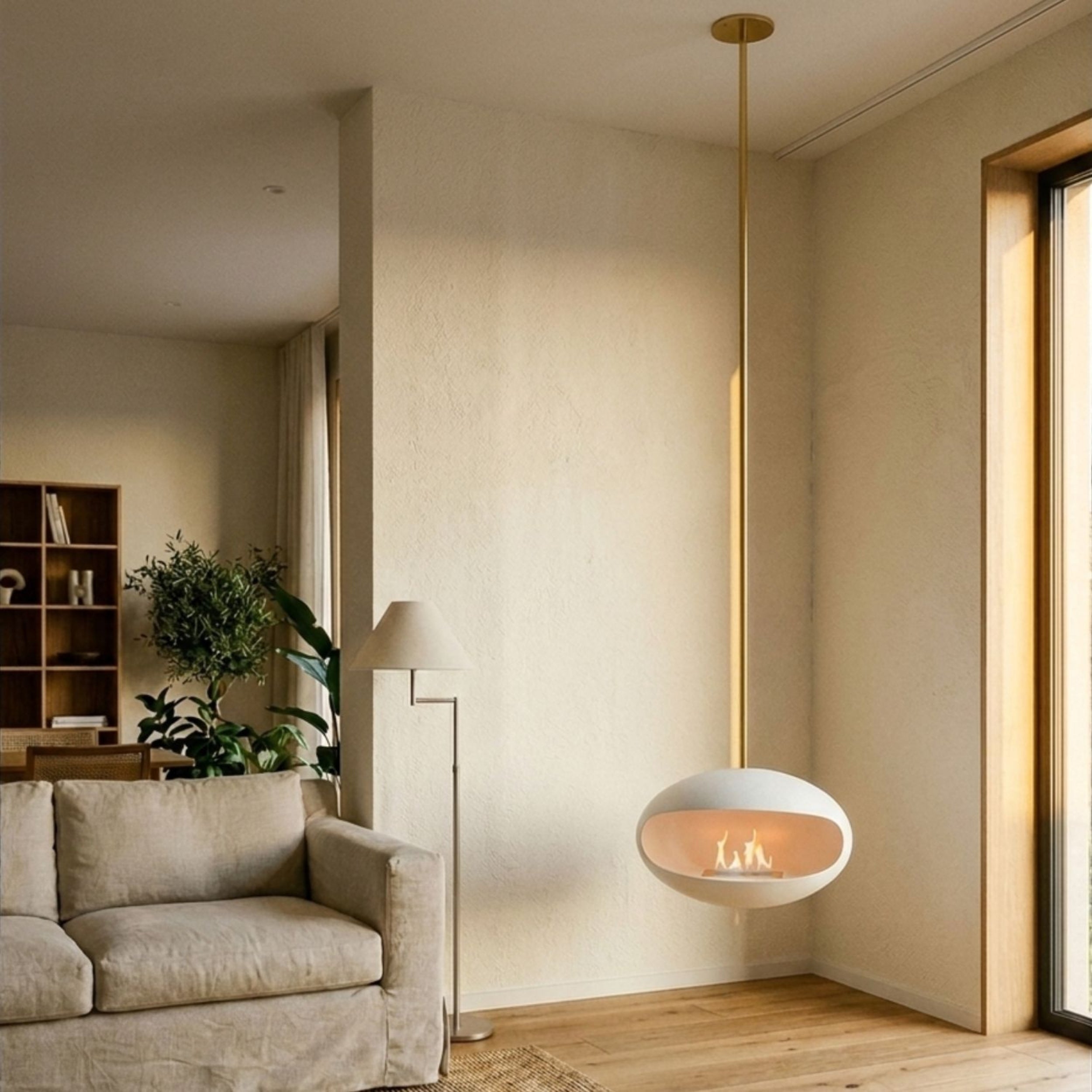 Cocoon Aeris – Matt White Ceiling‑Mounted Bioethanol Fireplace