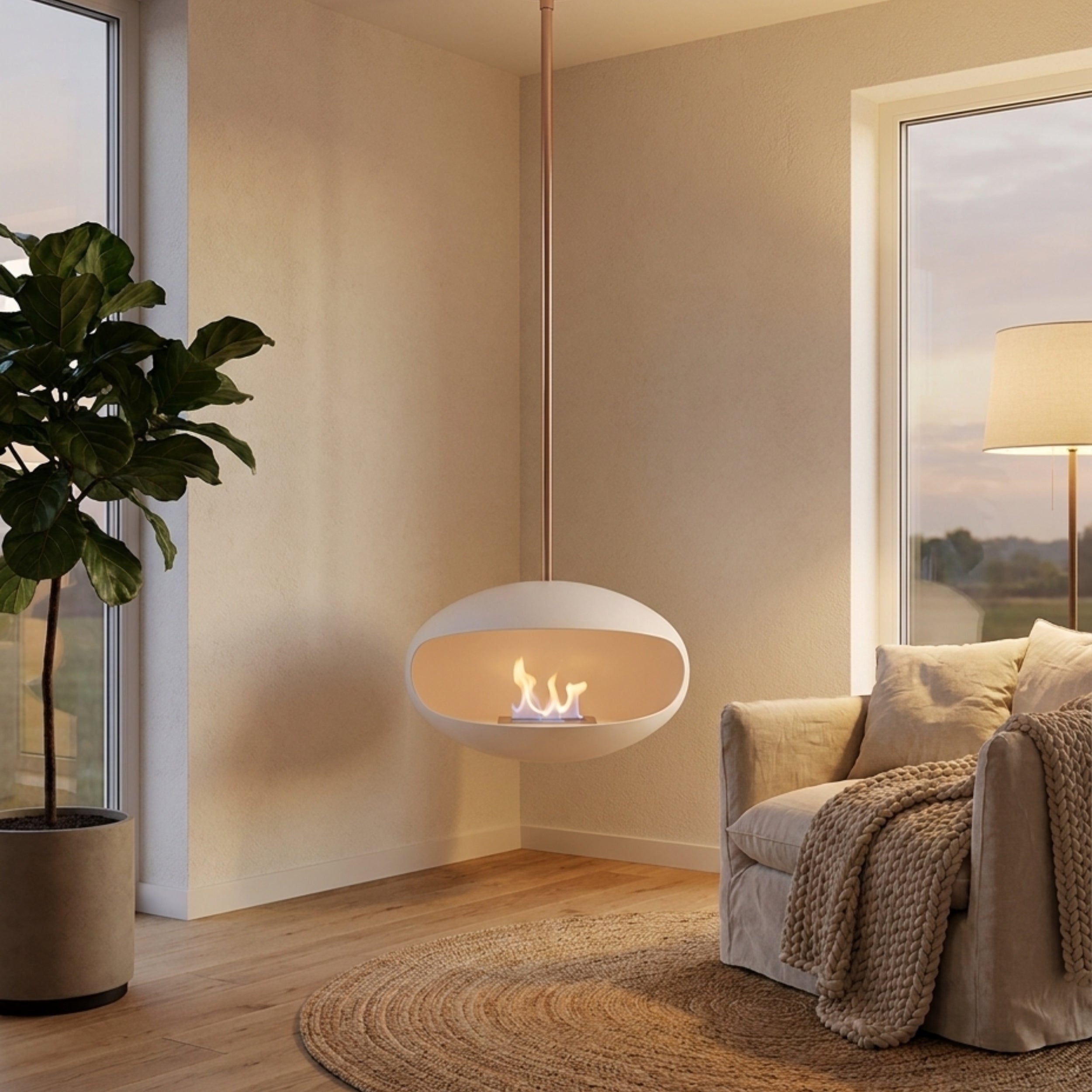 Cocoon Aeris – Matt White Ceiling‑Mounted Bioethanol Fireplace