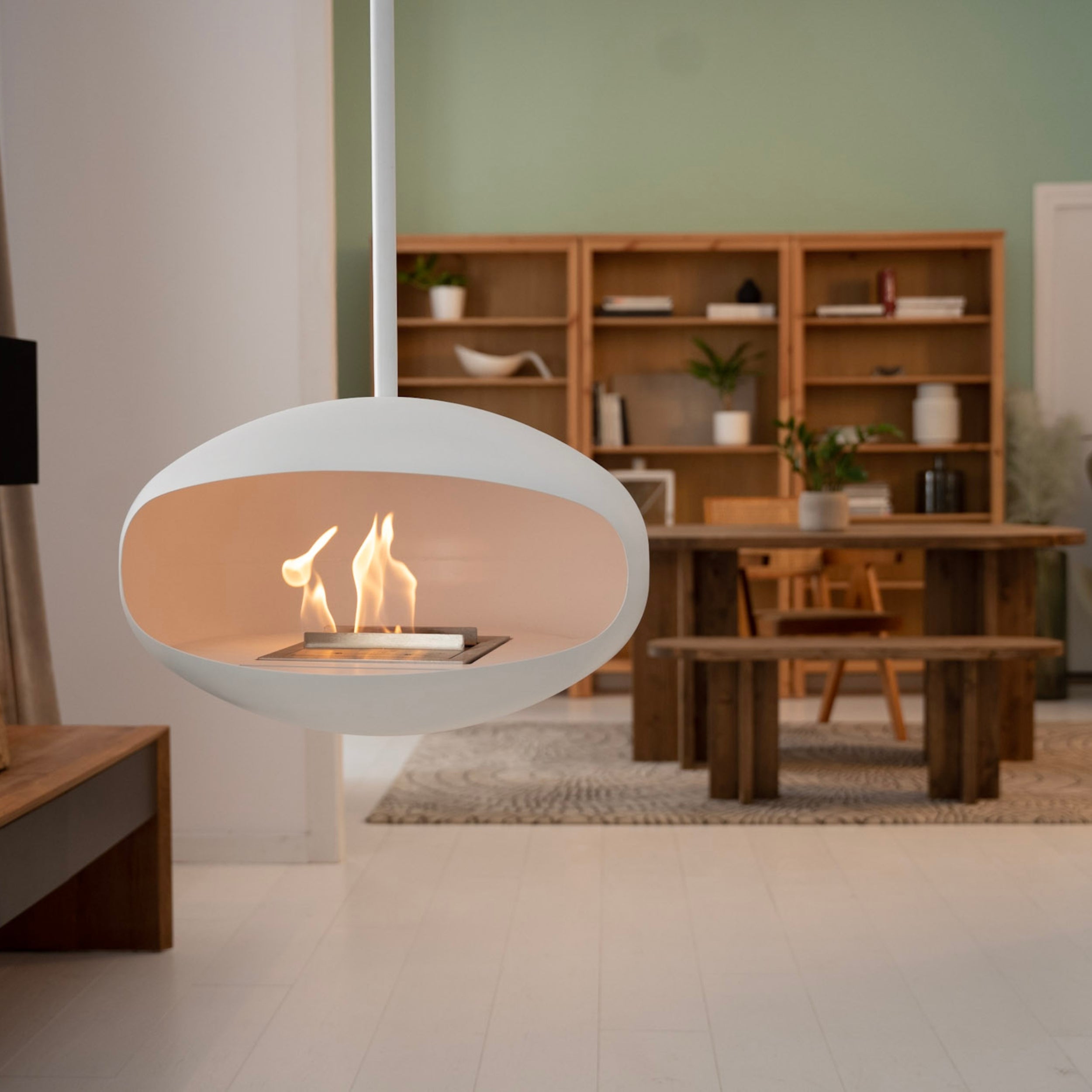 Cocoon Aeris – Matt White Ceiling‑Mounted Bioethanol Fireplace