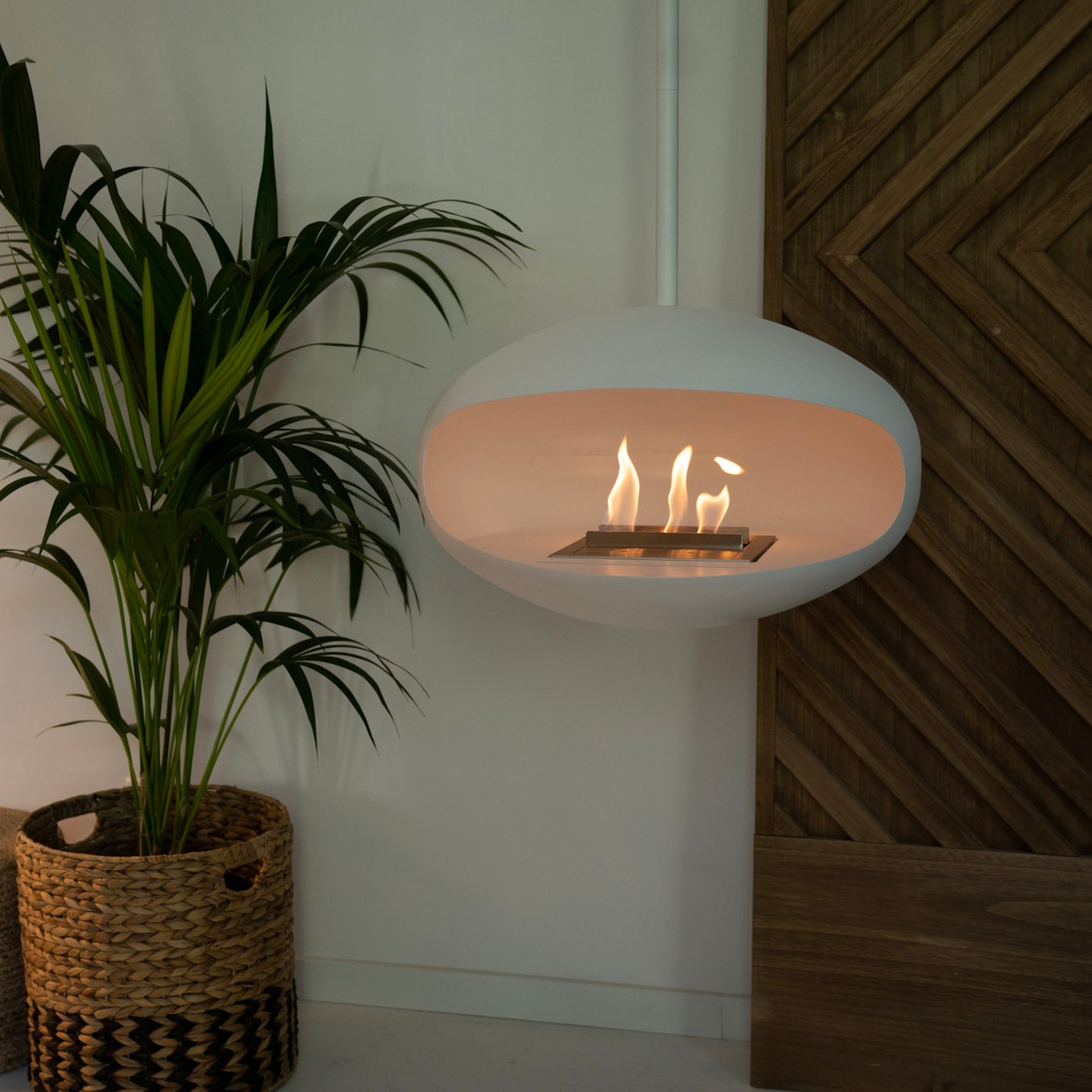 Cocoon Aeris – Matt White Ceiling‑Mounted Bioethanol Fireplace