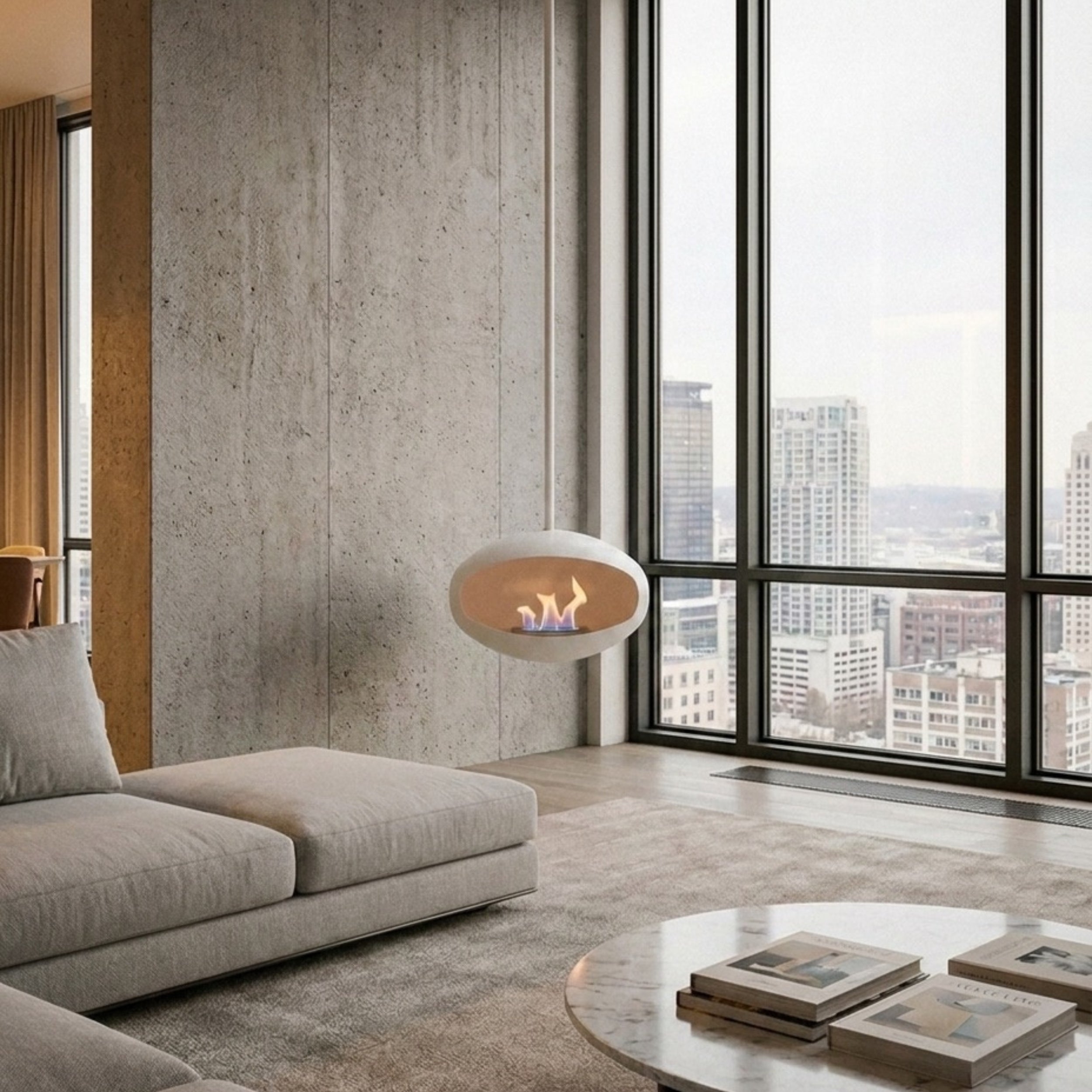 Cocoon Aeris – Matt White Ceiling‑Mounted Bioethanol Fireplace