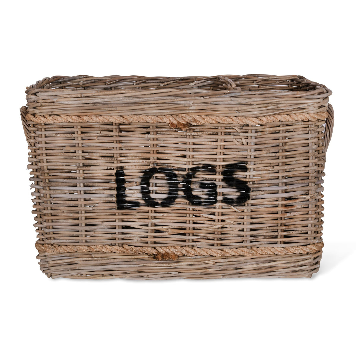 A rectangular woven wicker basket in natural tan-brown tones with the word 'LOGS' printed in black across the front, shown on a plain white background.