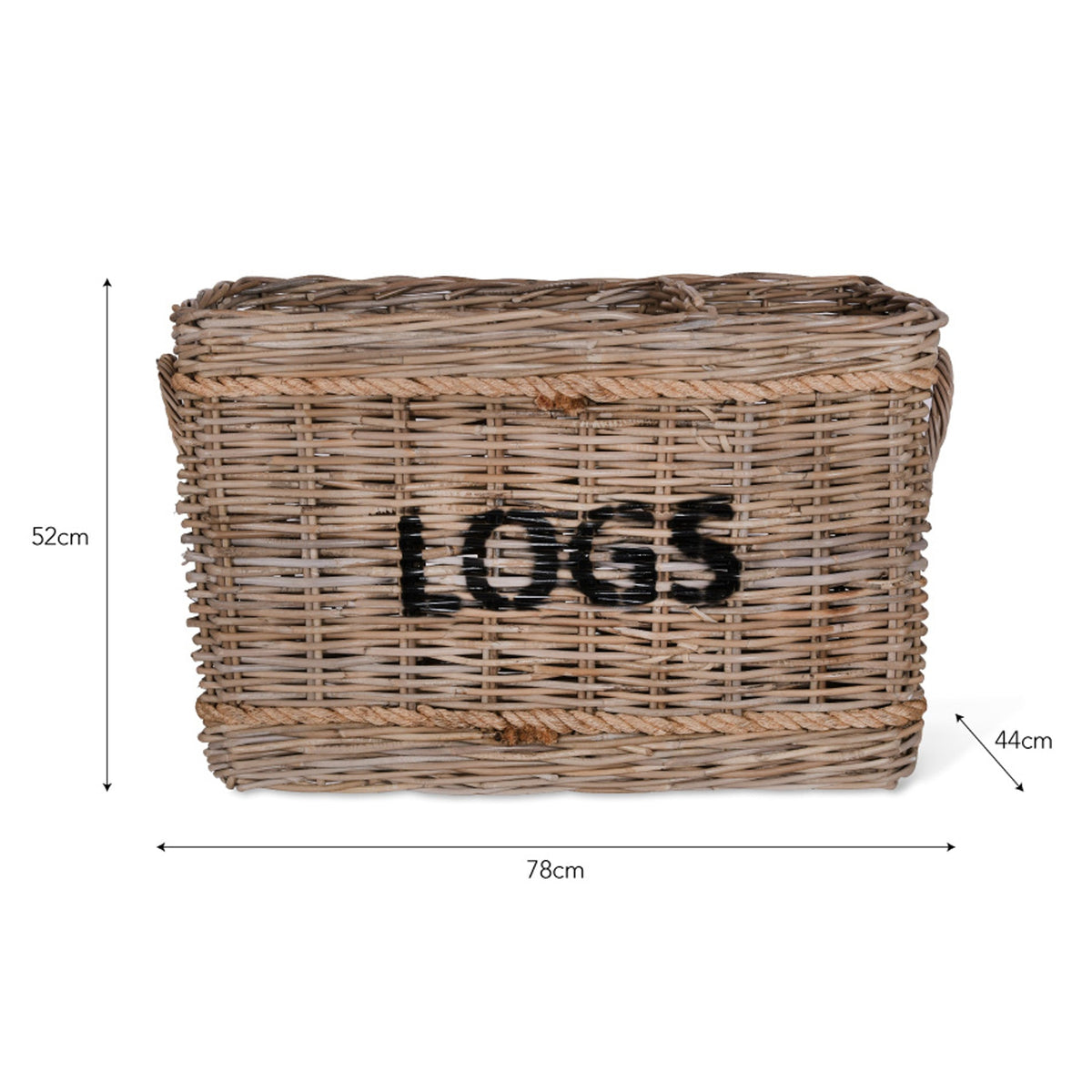 A natural wicker storage basket with the word 'LOGS' printed in black on the front, shown with dimension lines and labels indicating 78cm width, 52cm height, and 44cm depth on a white background.