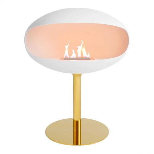 Cocoon Pedestal Fire – Matte White & Brass Pedestal