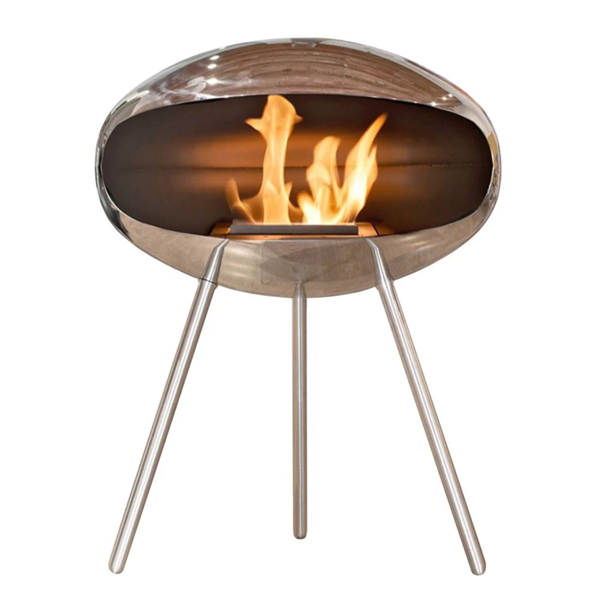 Cocoon Terra – Polished Steel Freestanding Bioethanol Fireplace with Steel Legs