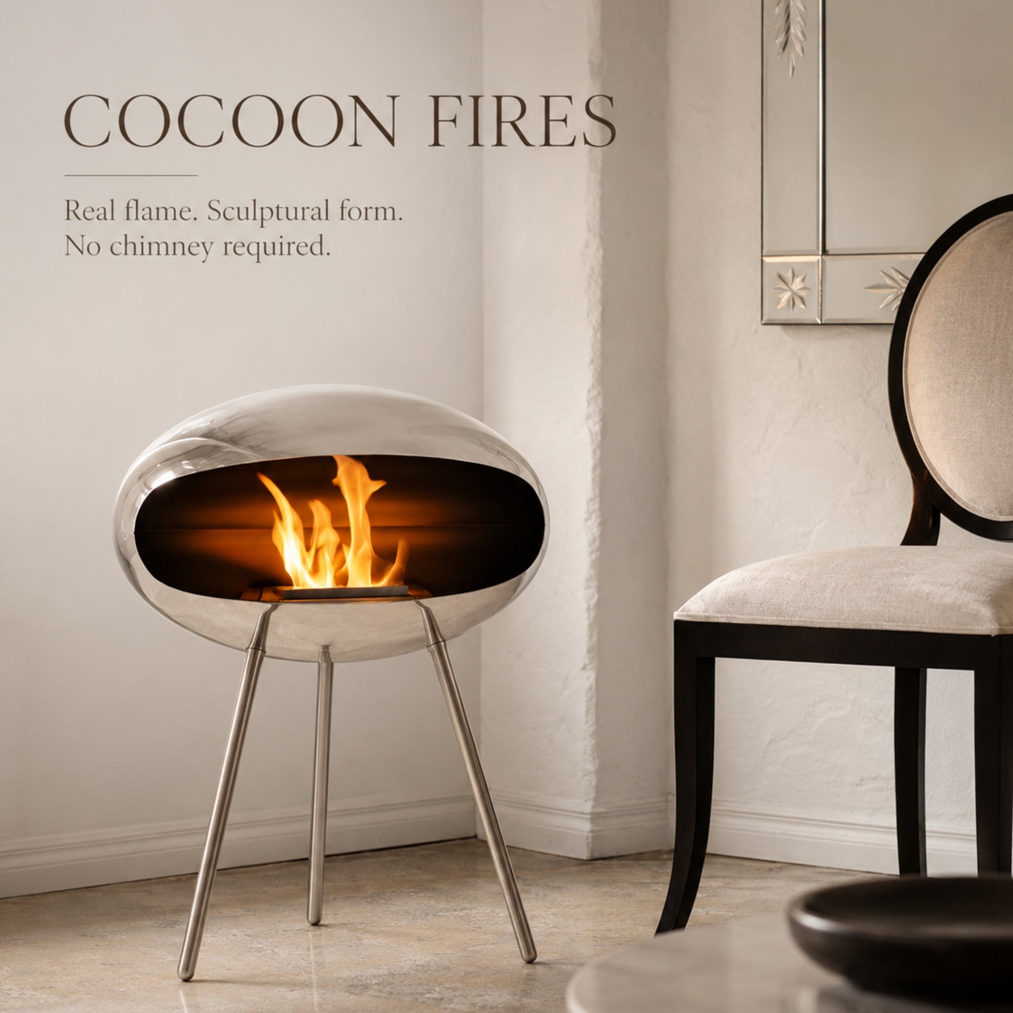Cocoon Terra – Polished Steel Freestanding Bioethanol Fireplace with Steel Legs