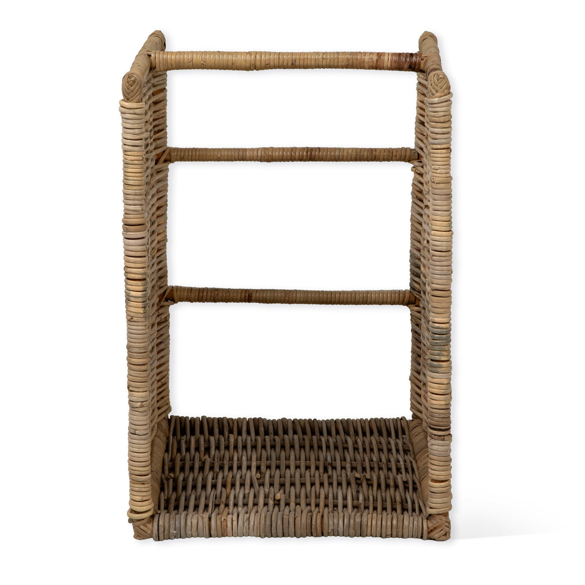 A rustic woven rattan or wicker shelving unit with three tiers, shown against a plain white background.