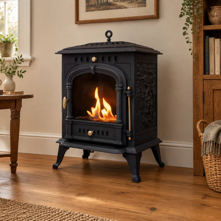 A black cast iron bioethanol stove with a glowing fire inside, set in a cozy living room with a beige armchair, wooden floor, and side table.