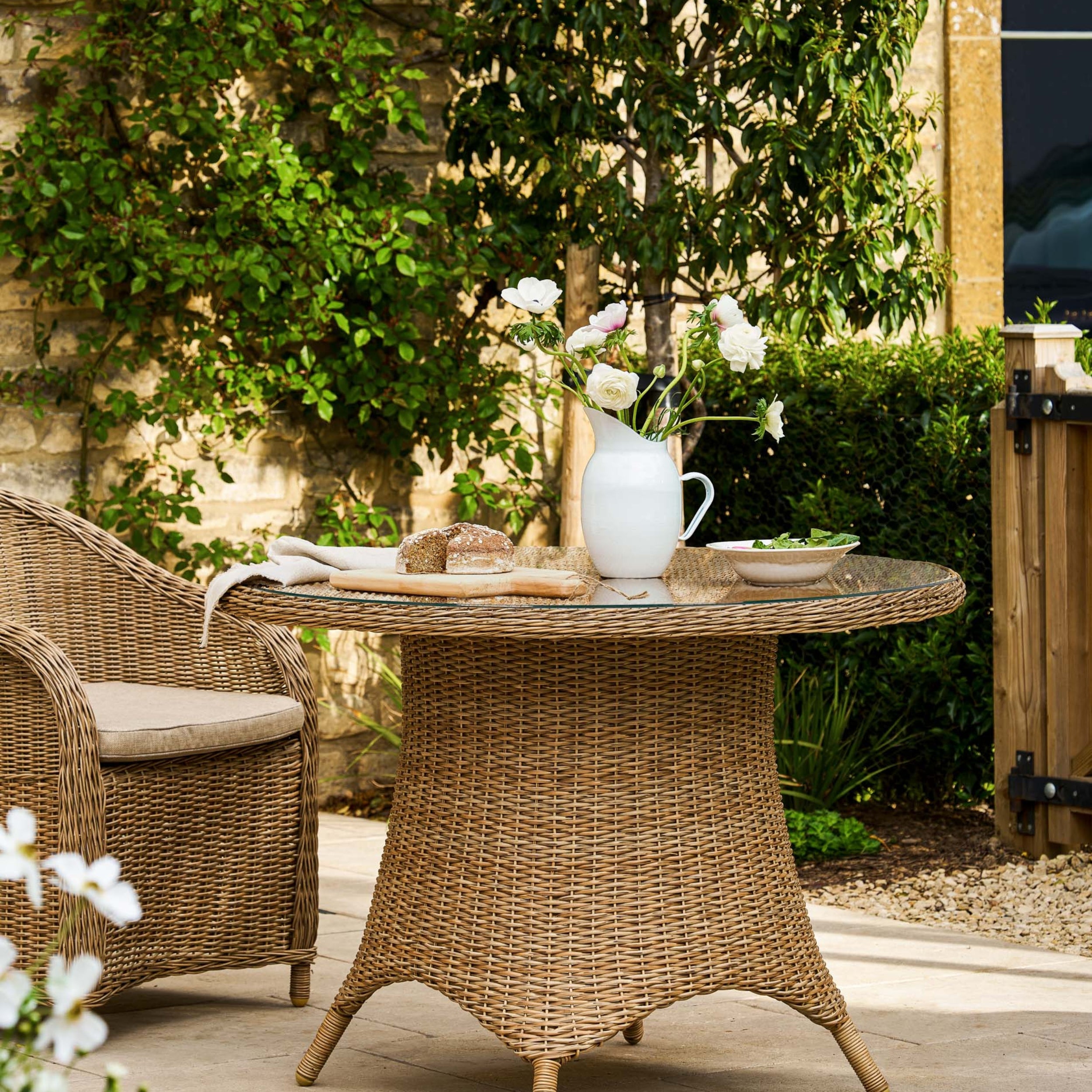 Brayford Small Round Outdoor Dining Table – PE Rattan & Glass