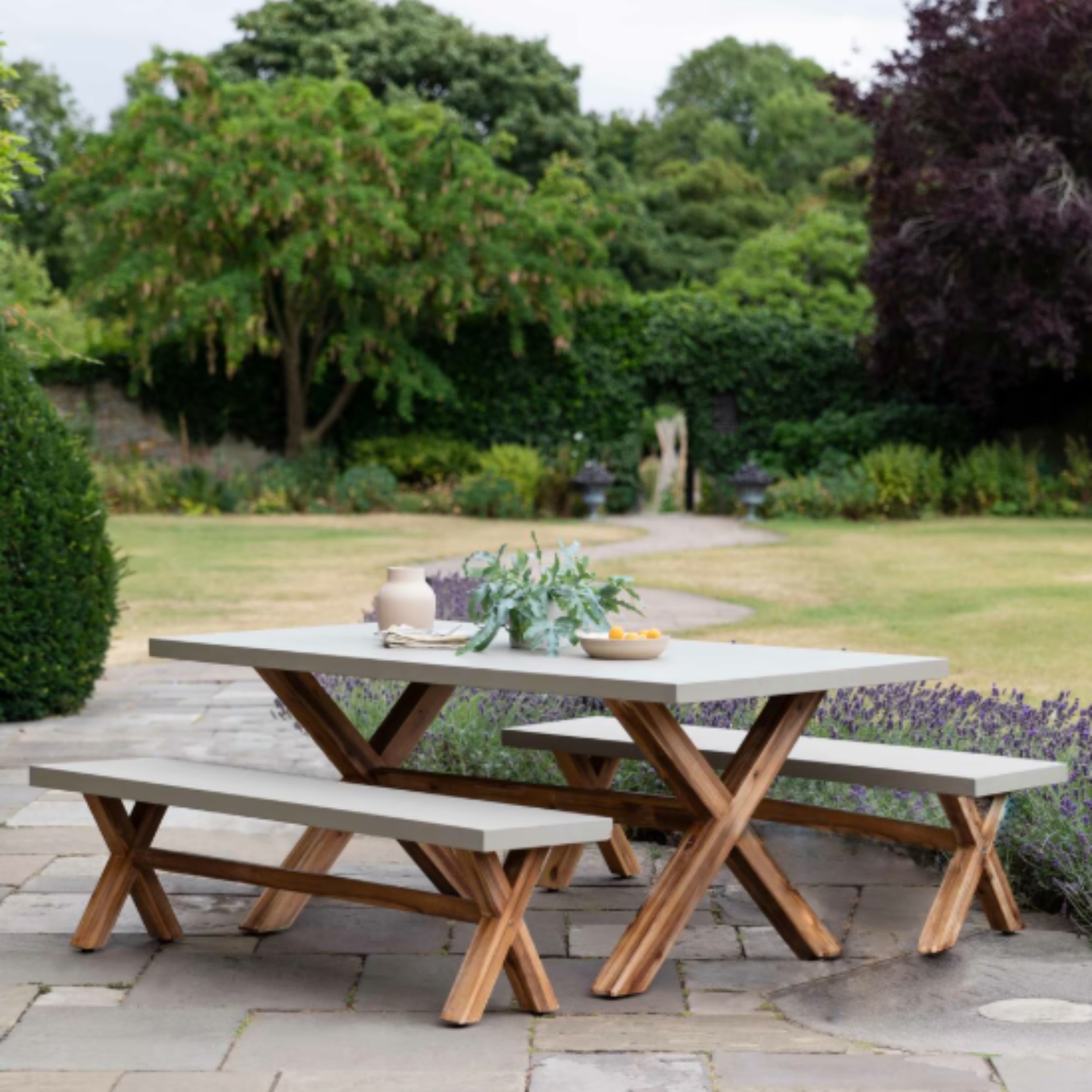Burford Small Table & Bench Set – Acacia Wood & Polystone