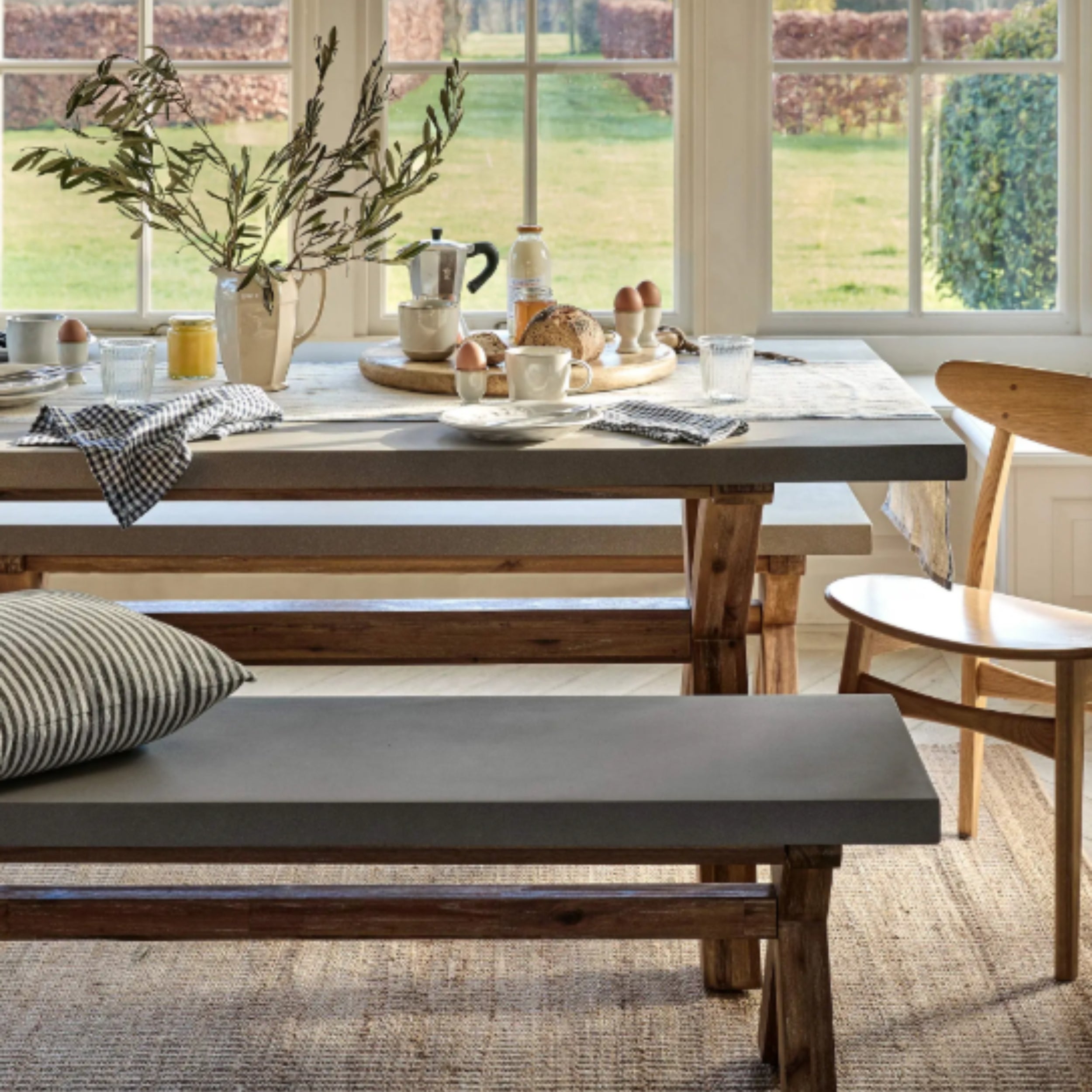 Burford Small Table & Bench Set – Acacia Wood & Polystone