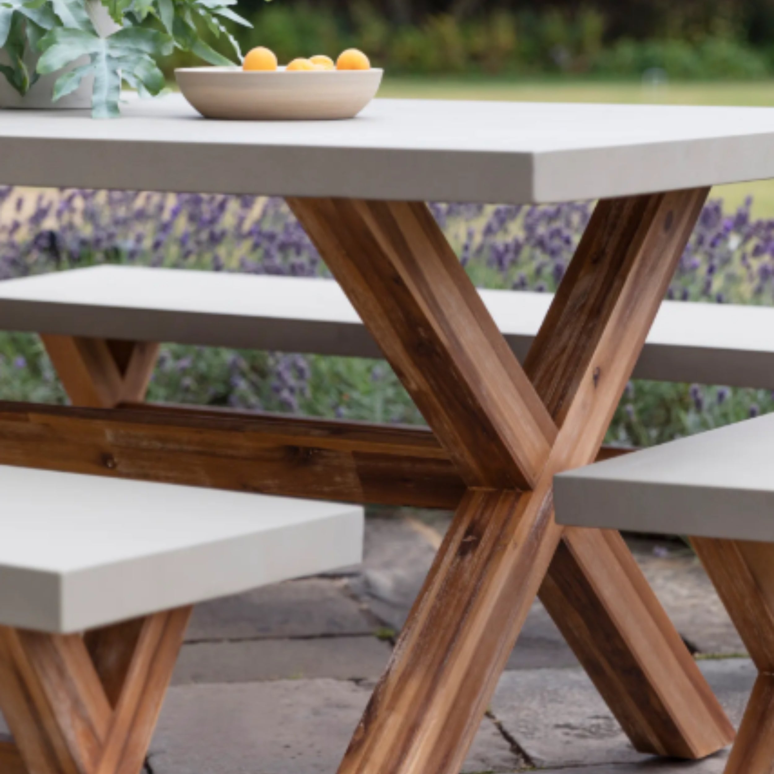 Burford Small Table & Bench Set – Acacia Wood & Polystone