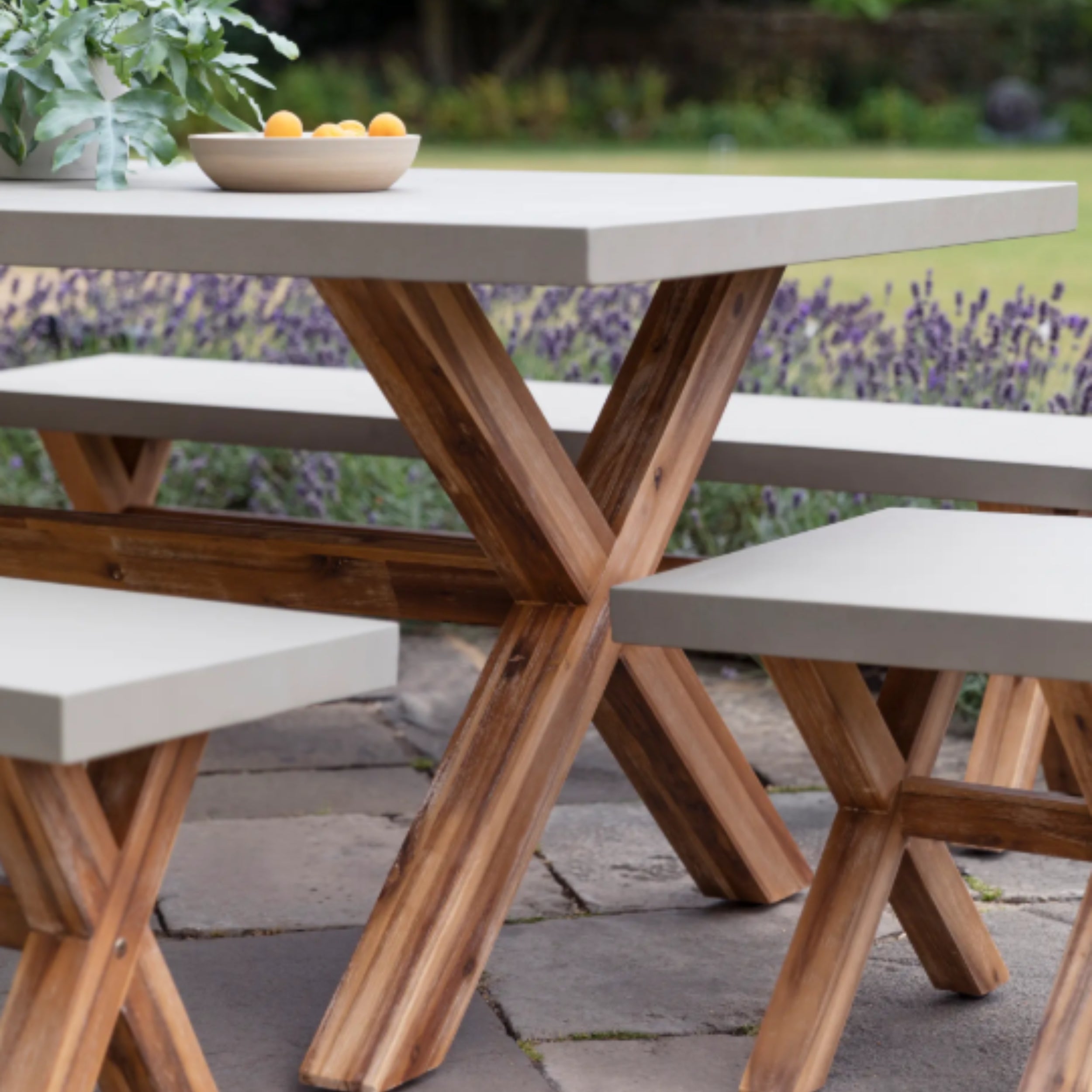 Burford Small Table & Bench Set – Acacia Wood & Polystone