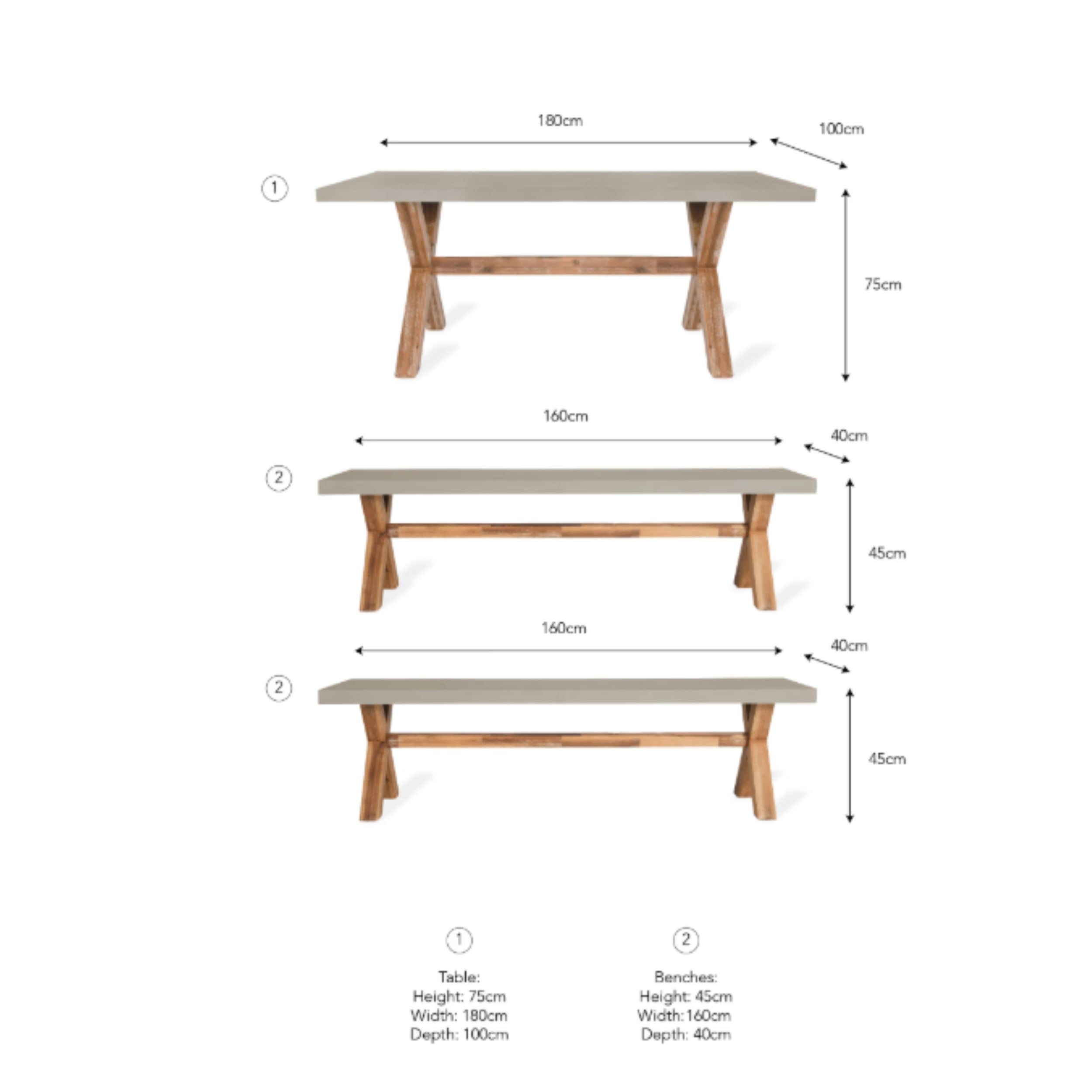 Burford Small Table & Bench Set – Acacia Wood & Polystone