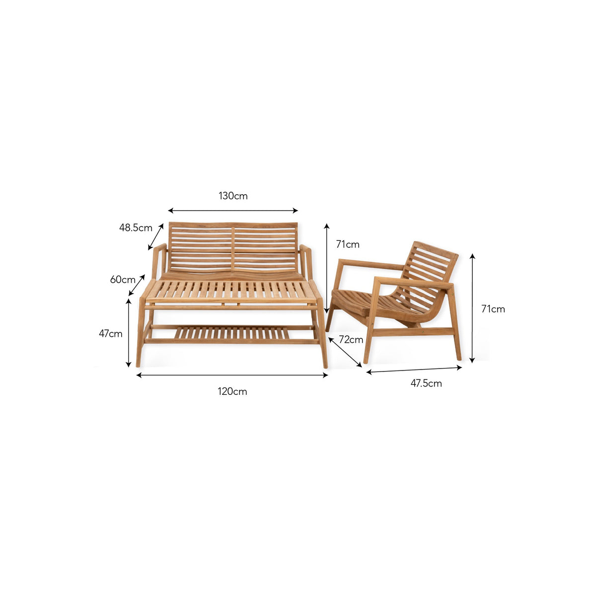 A wooden outdoor patio set consisting of a slatted bench and matching armchair, shown on a white background with dimension lines and measurements.