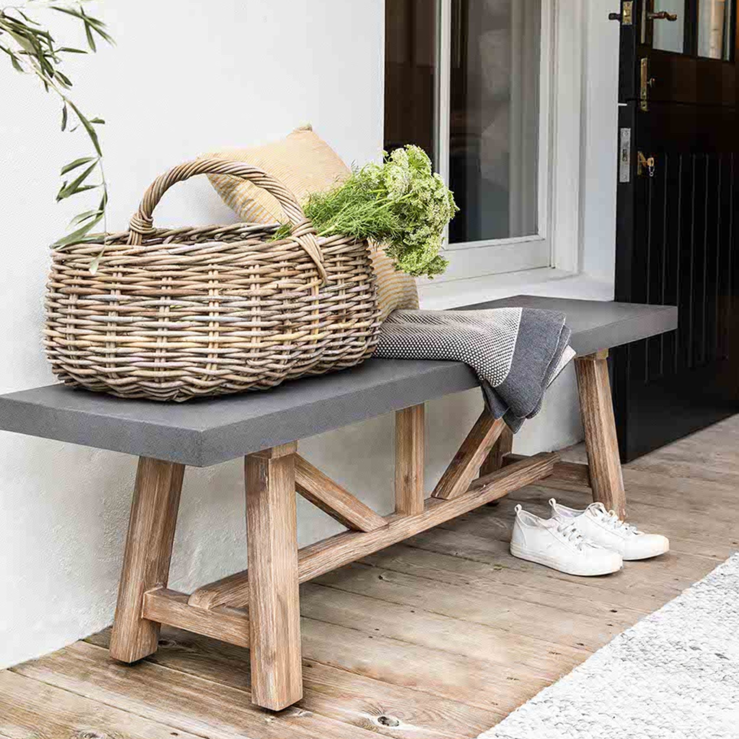 Chilford Small Table & Bench Set – Acacia Wood & Grey Polystone