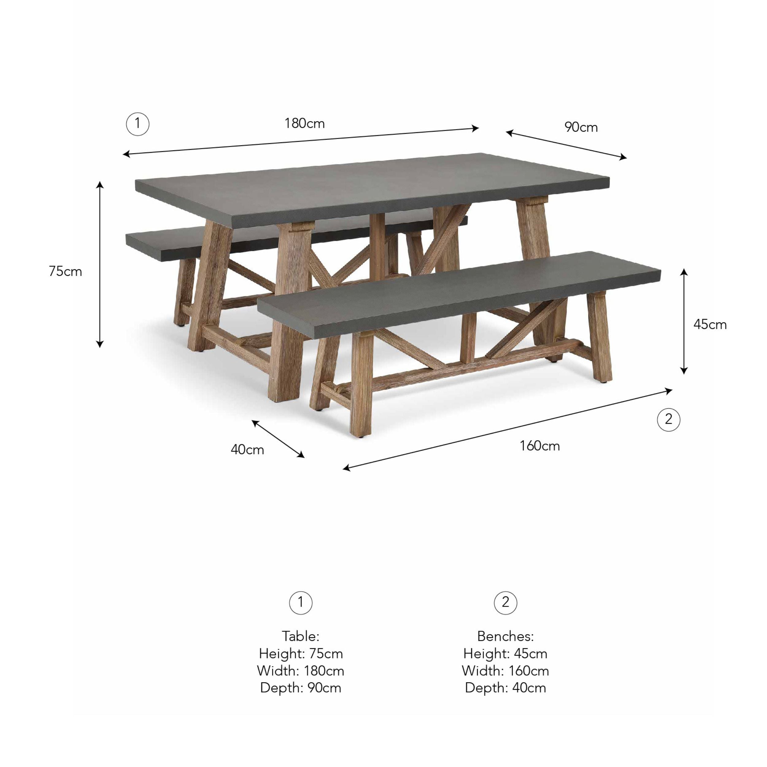 Chilford Small Table & Bench Set – Acacia Wood & Grey Polystone
