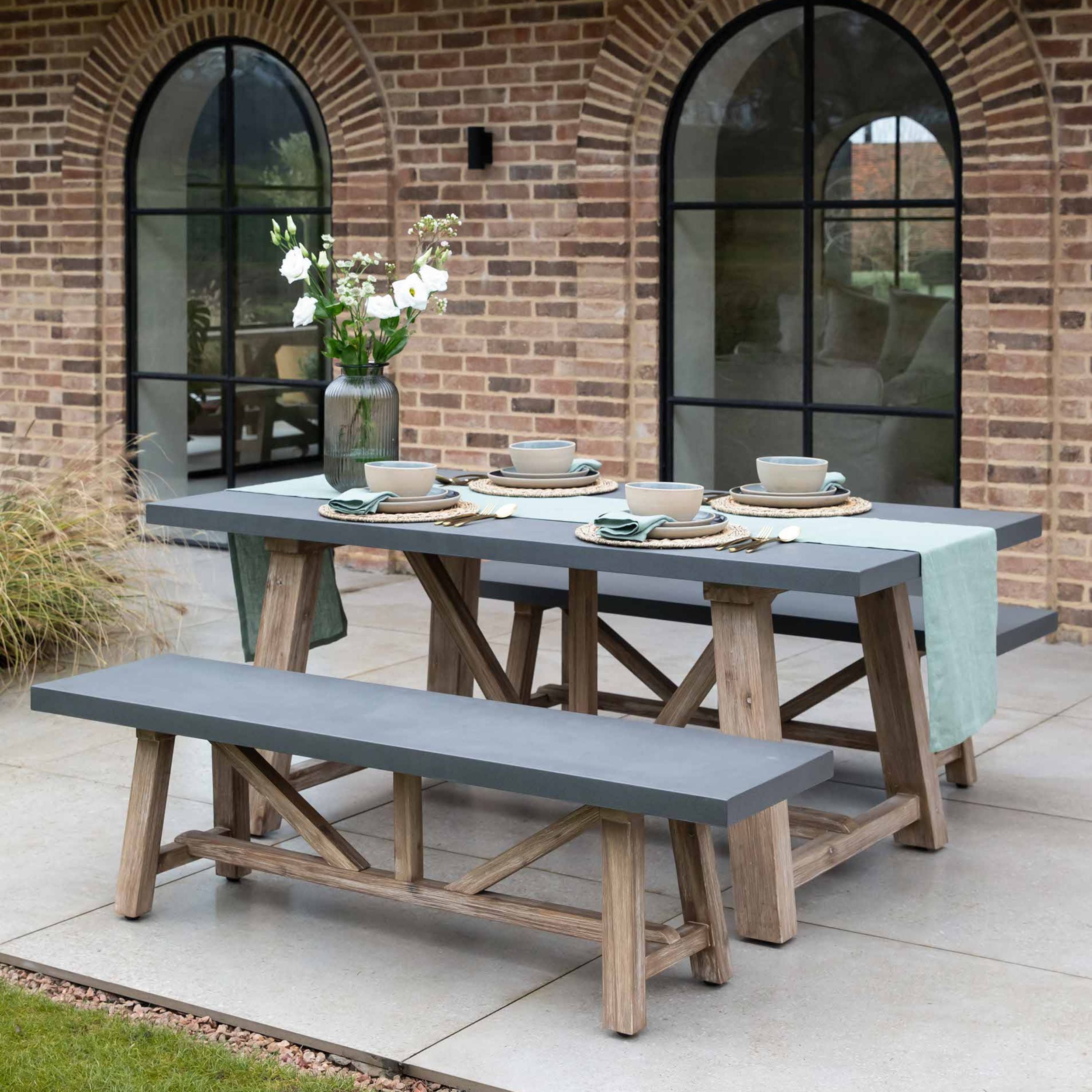 Chilford Small Table & Bench Set – Acacia Wood & Grey Polystone