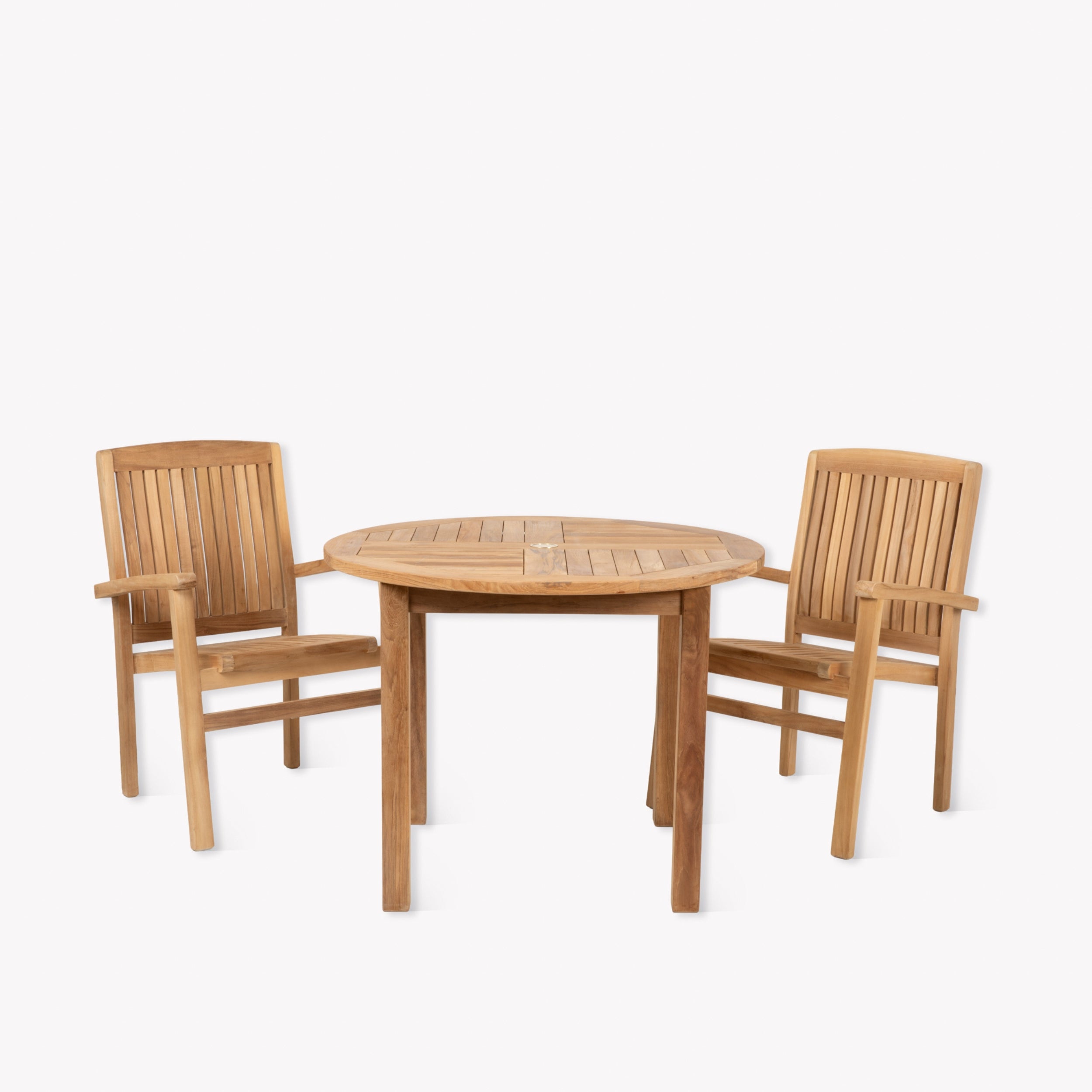 Churn Round Teak Table & 2 Henley Stacking Armchairs
