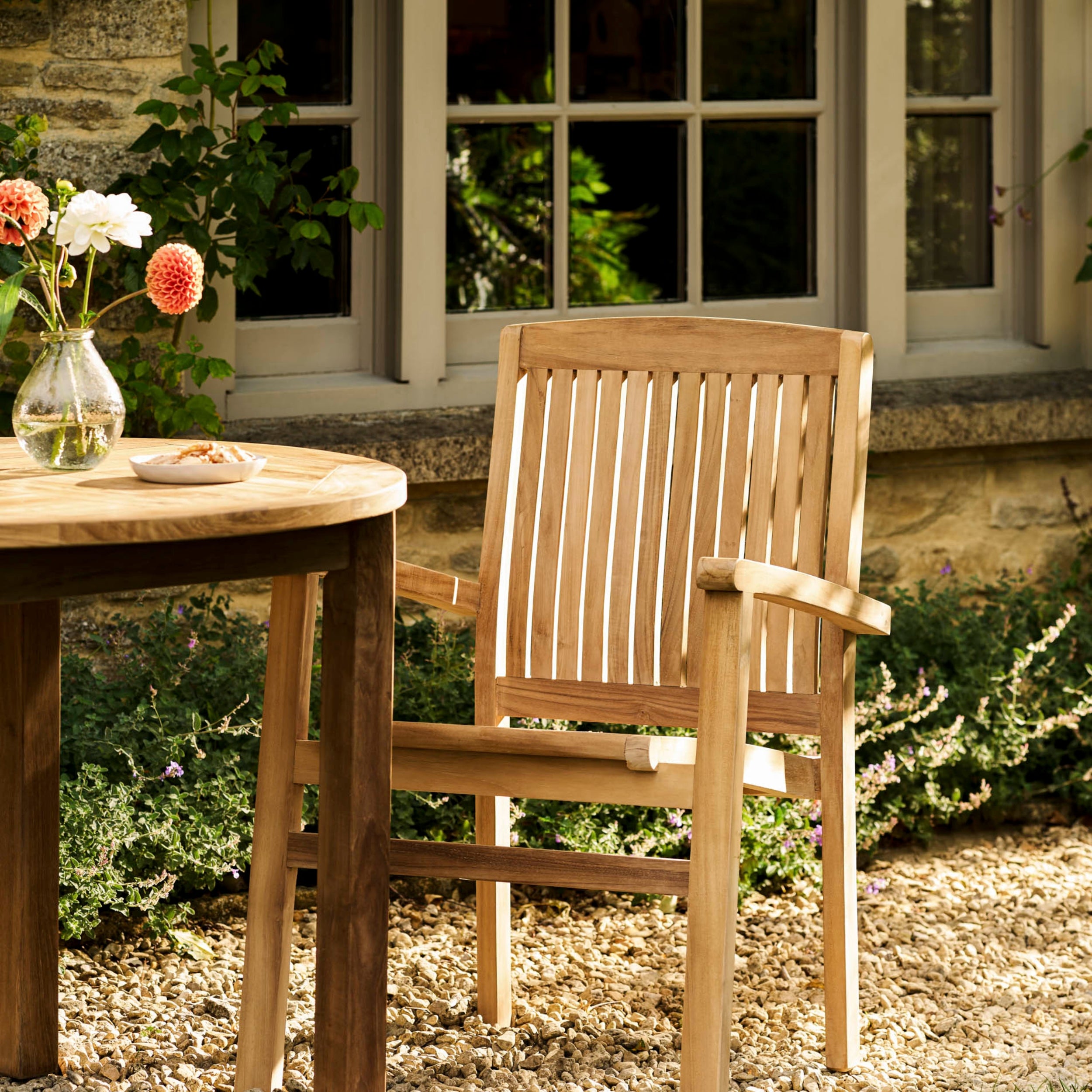 Churn Round Teak Table & 2 Henley Stacking Armchairs