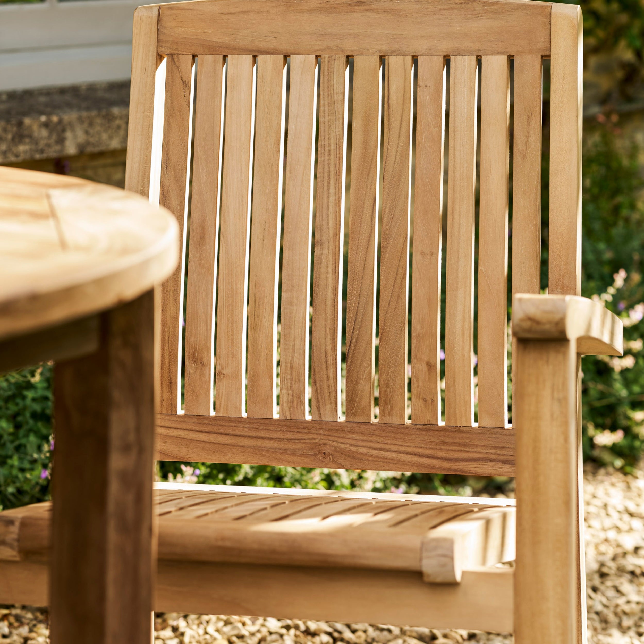 Churn Round Teak Table & 2 Henley Stacking Armchairs