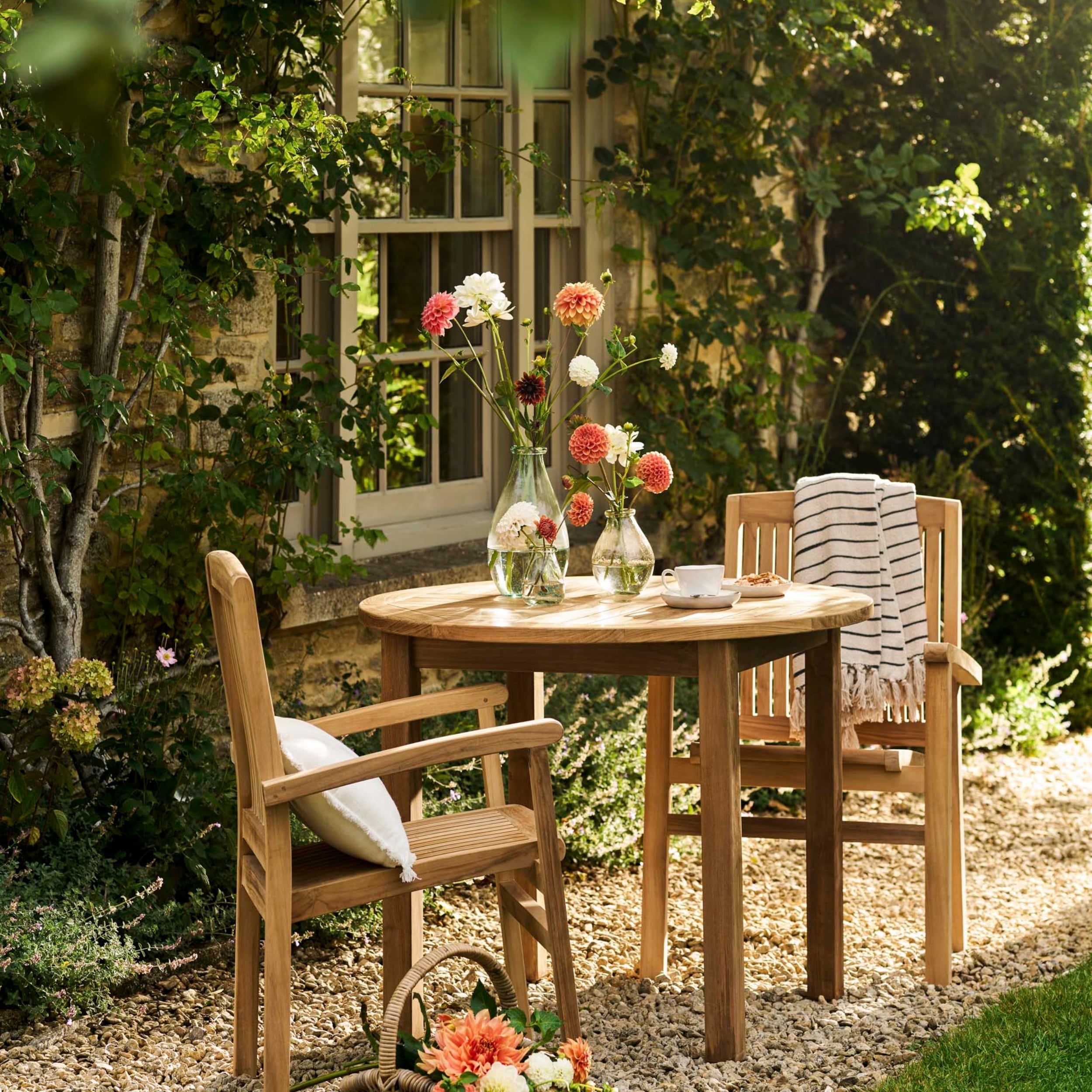 Churn Round Teak Table & 2 Henley Stacking Armchairs