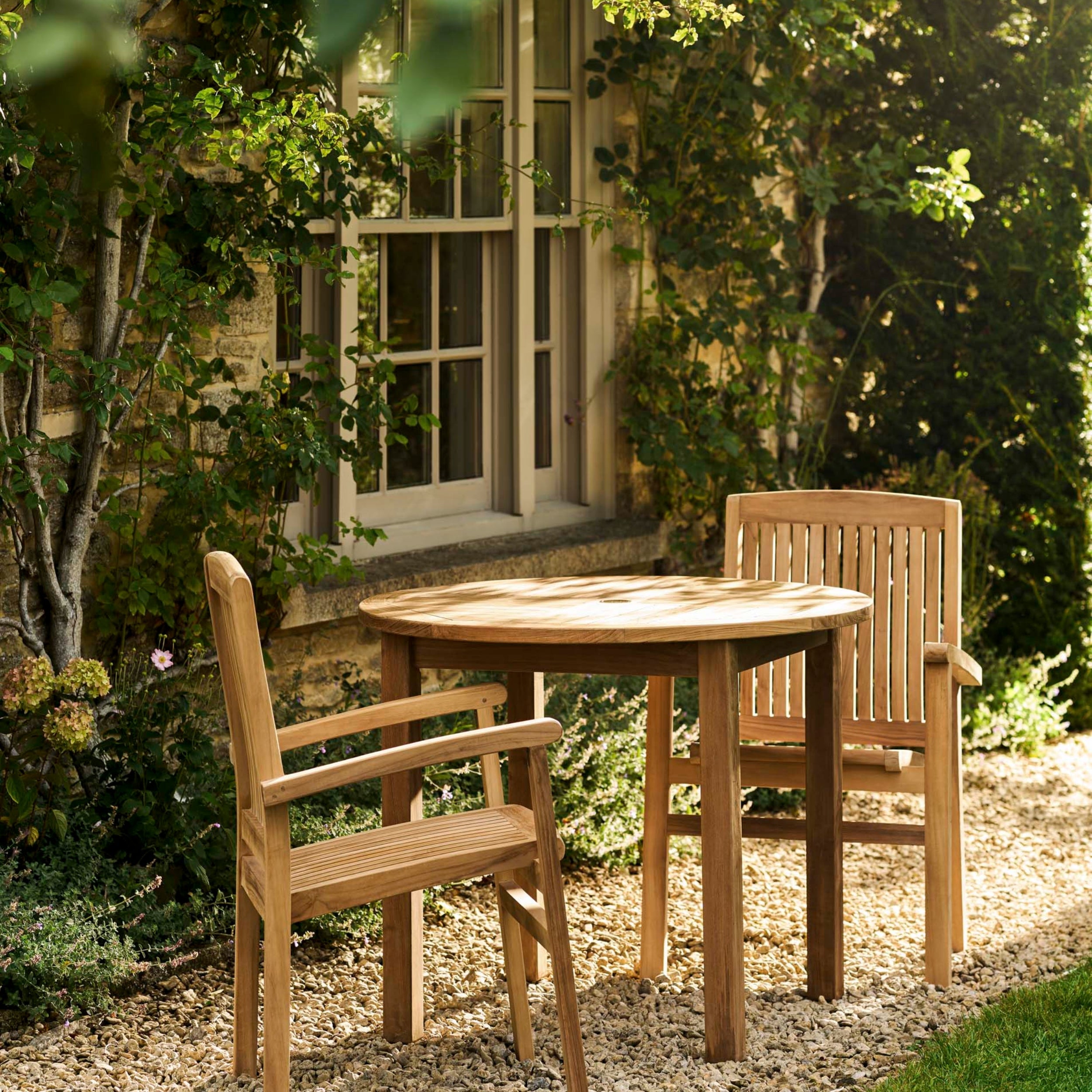 Churn Round Teak Table & 2 Henley Stacking Armchairs
