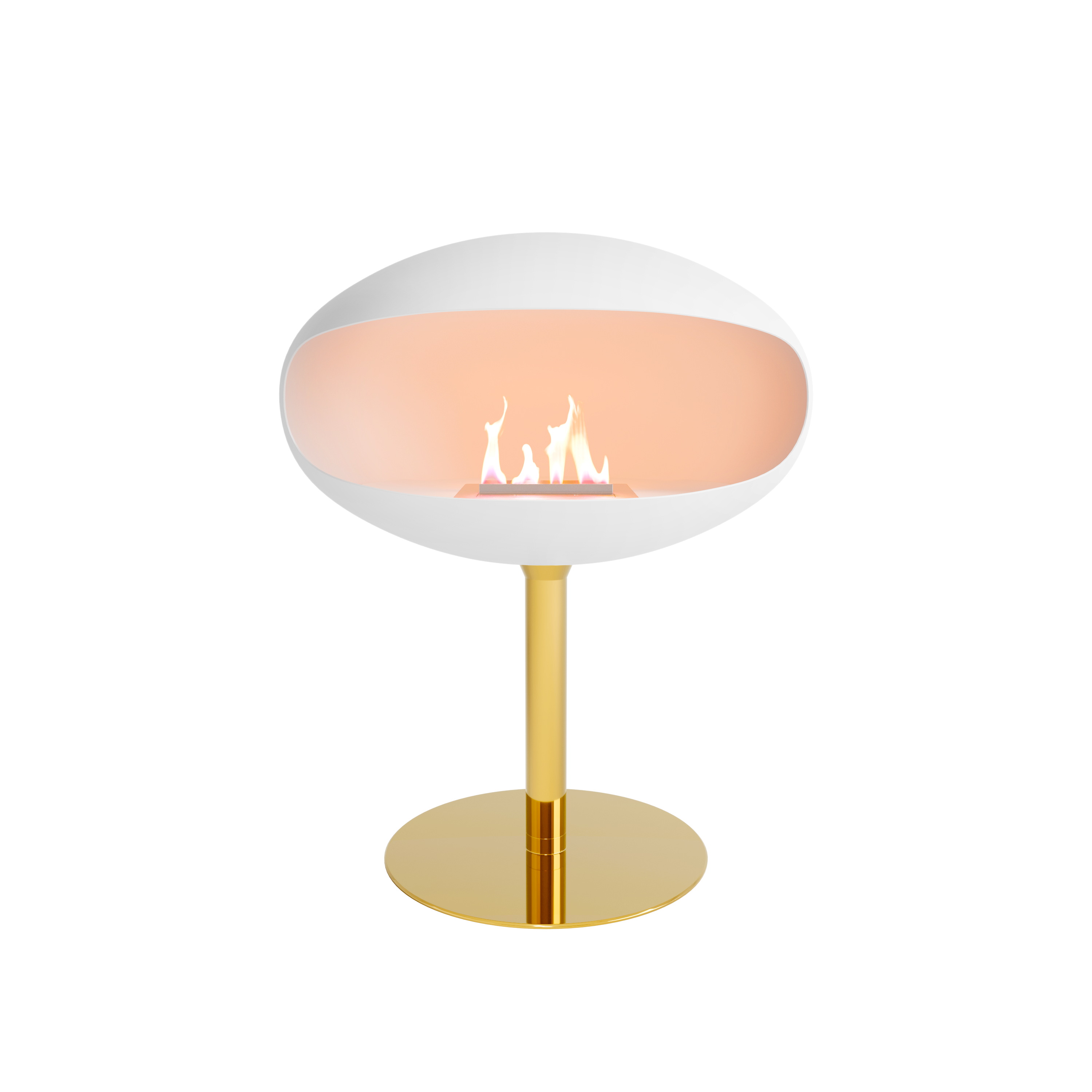 Cocoon Pedestal Fire – Matte White & Brass Pedestal