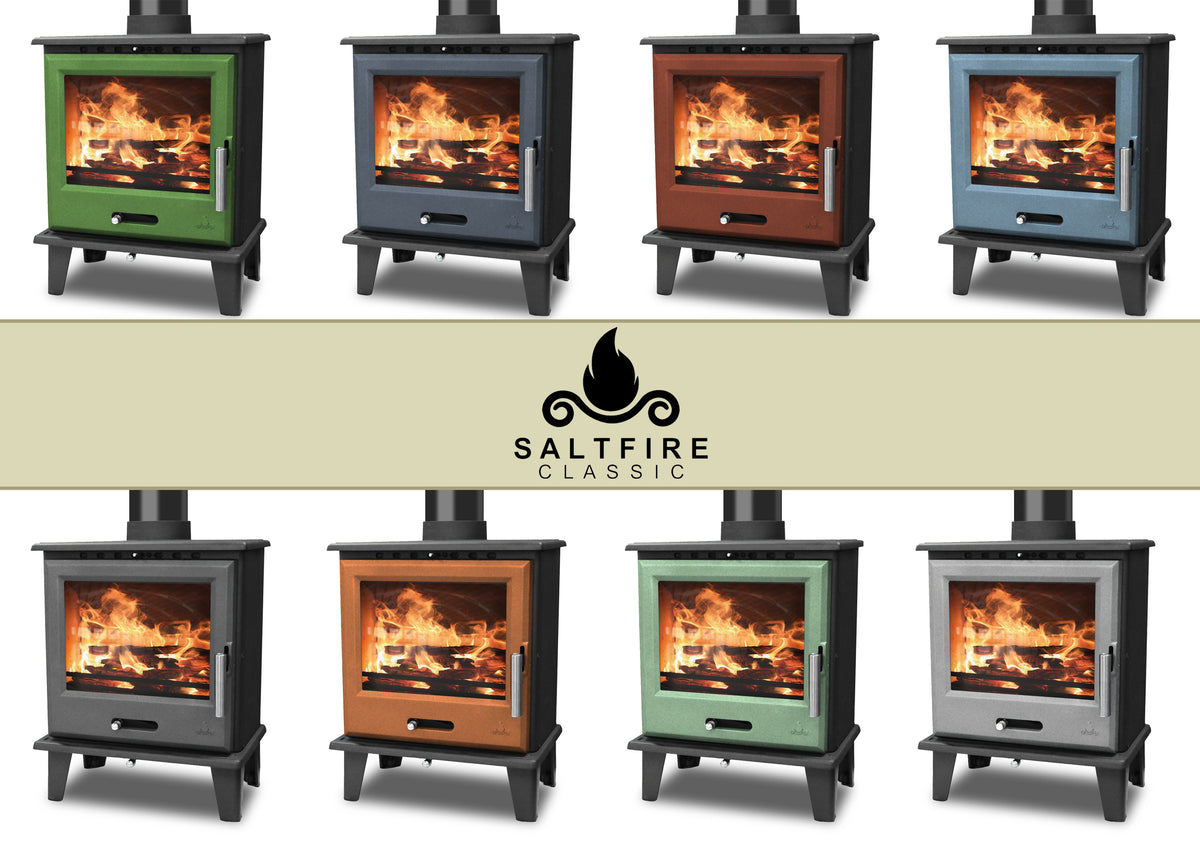 Collection of Saltfire stoves with flames inside, featuring the Saltfire logo.