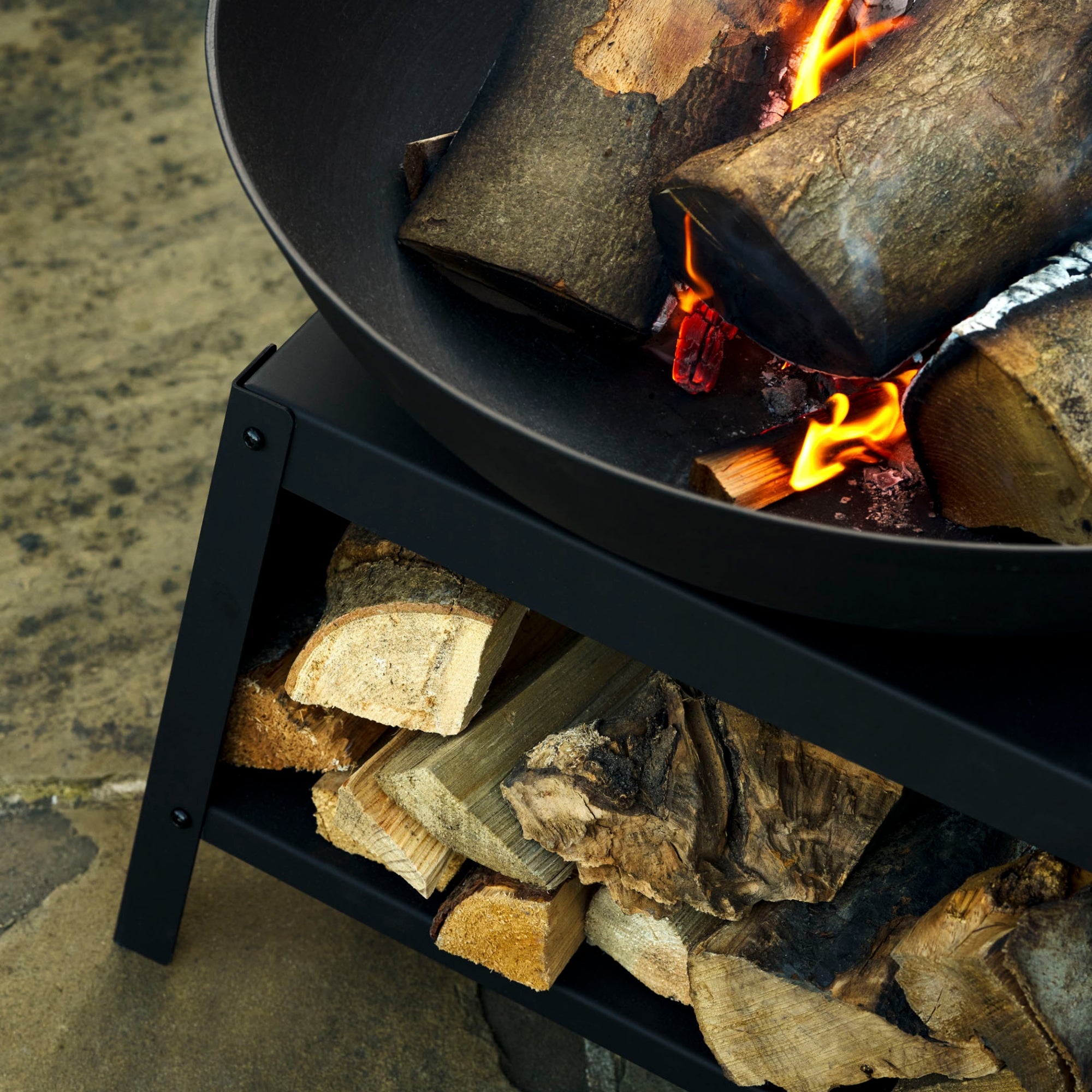 Sarsden Medium Fire Pit Bowl & Log Store — Black Steel
