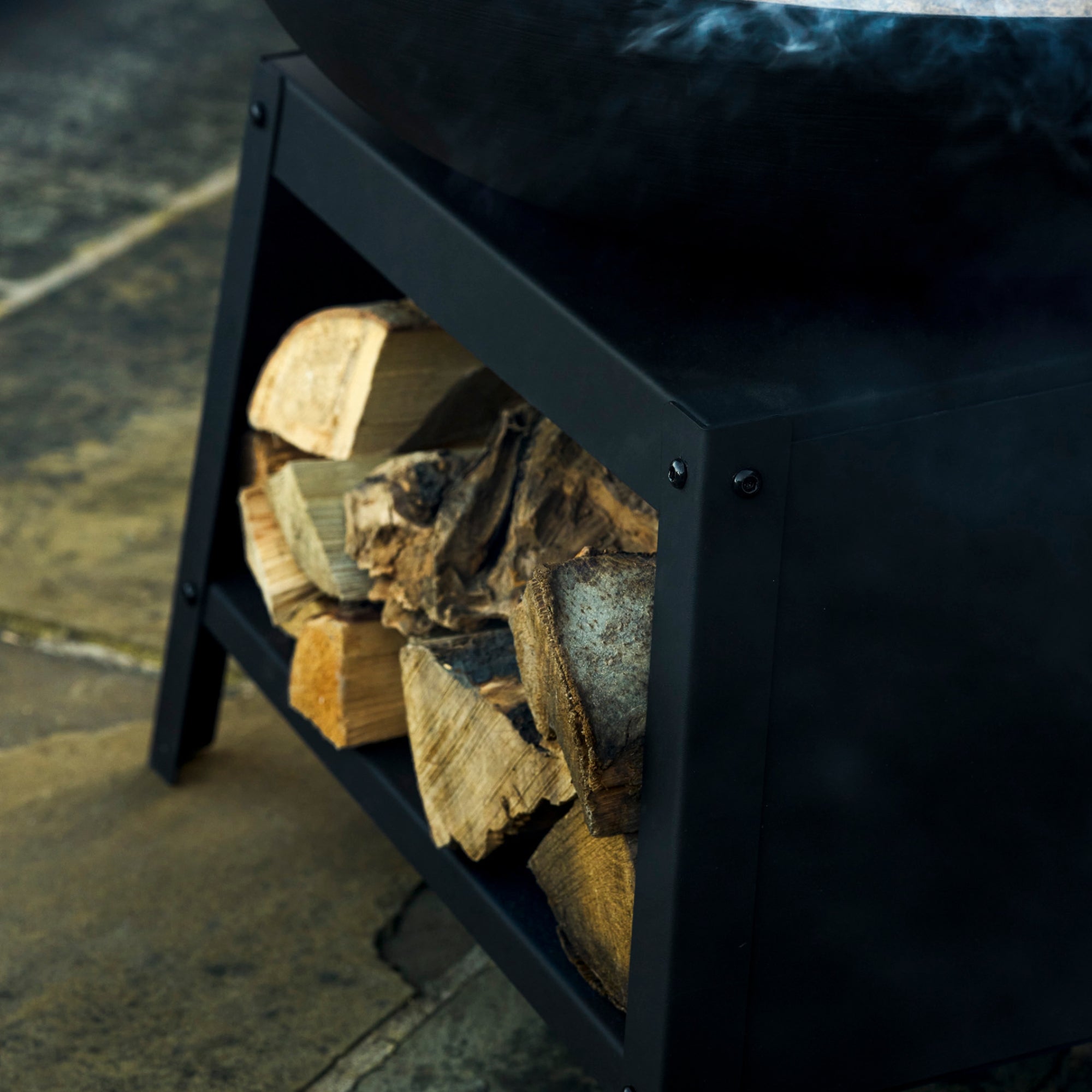 Sarsden Medium Fire Pit Bowl & Log Store — Black Steel