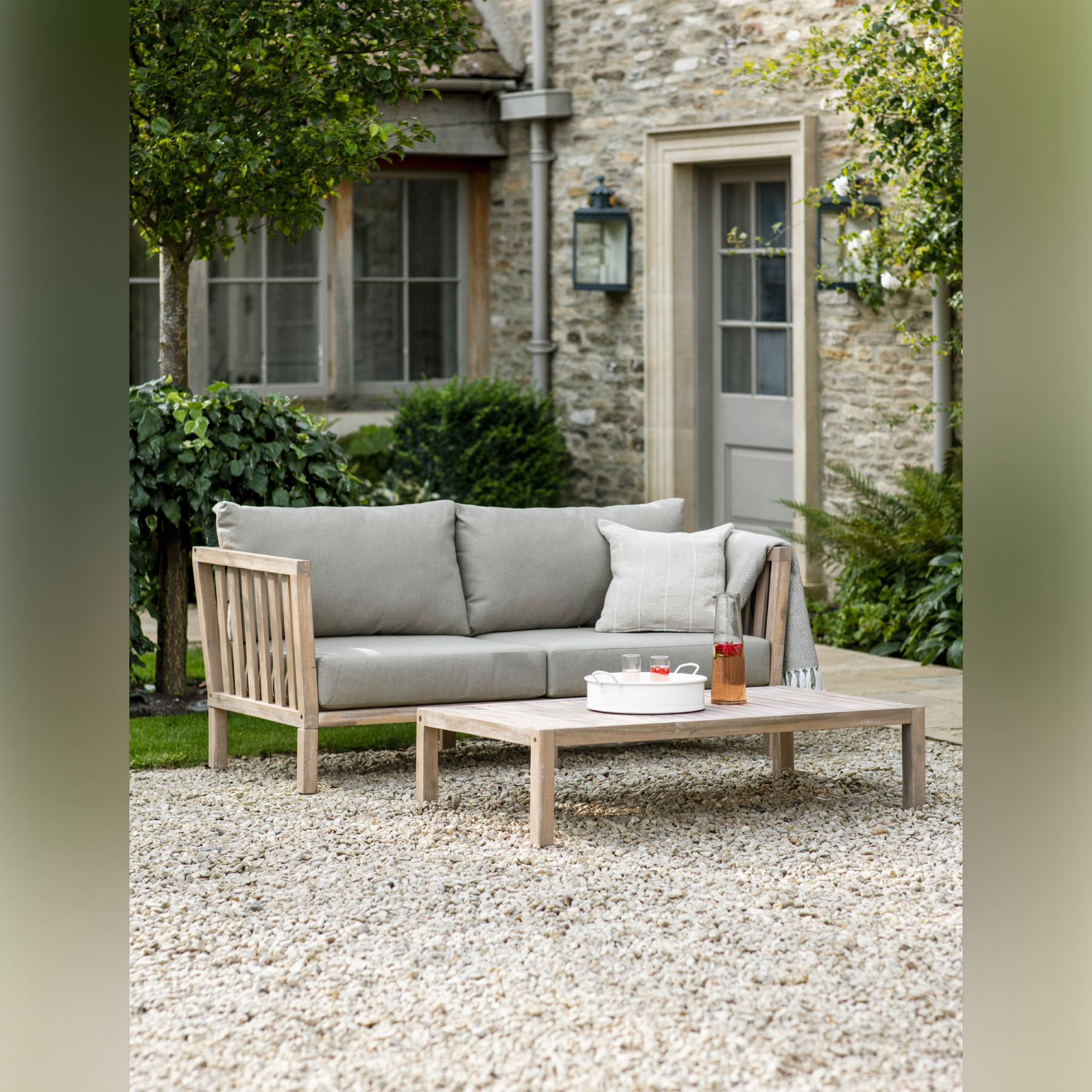 Porthallow 2 Seater Outdoor Sofa – Acacia Wood & Grey Cushions