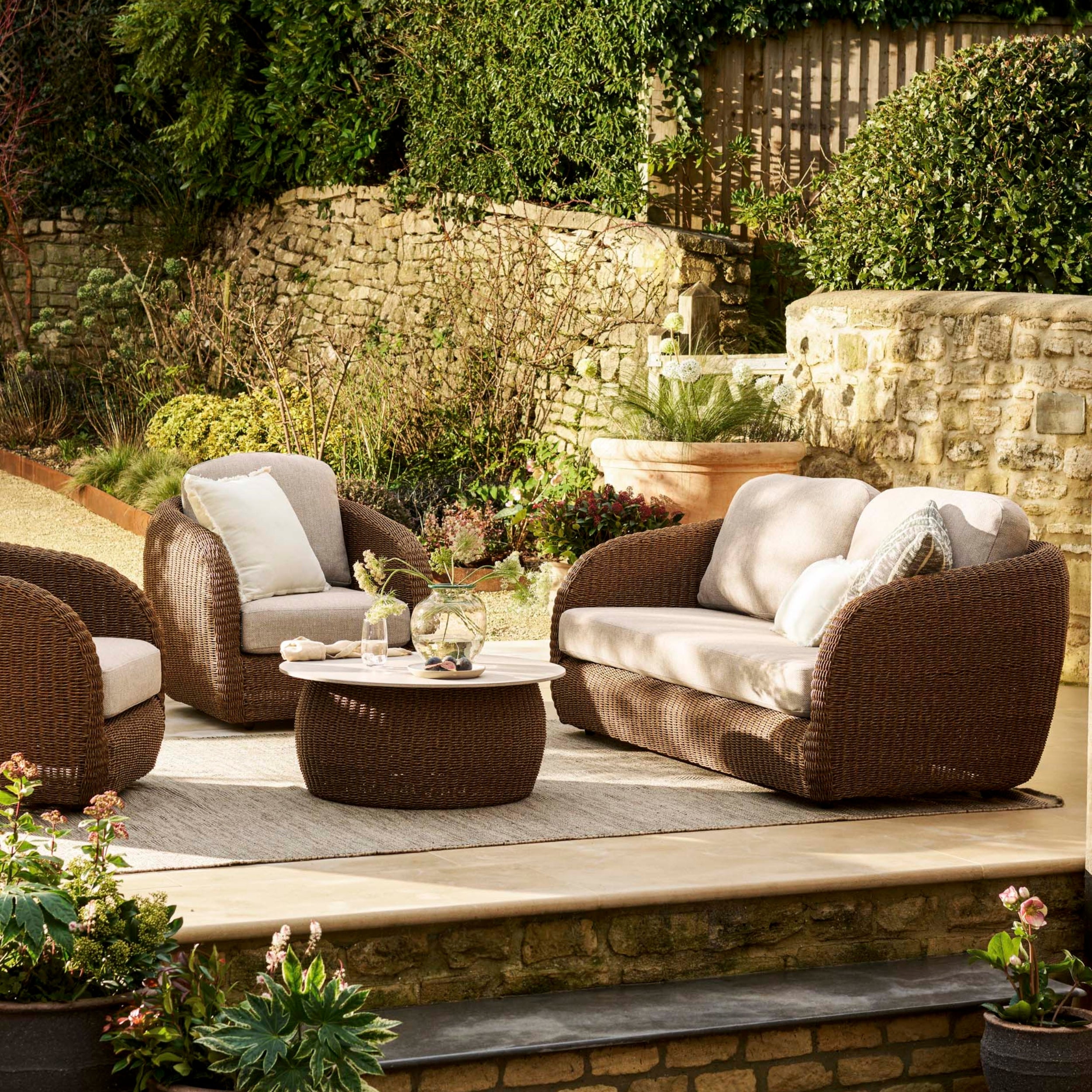Hambridge 2-Seater Outdoor Sofa Set – PE Rattan & Sintered Stone