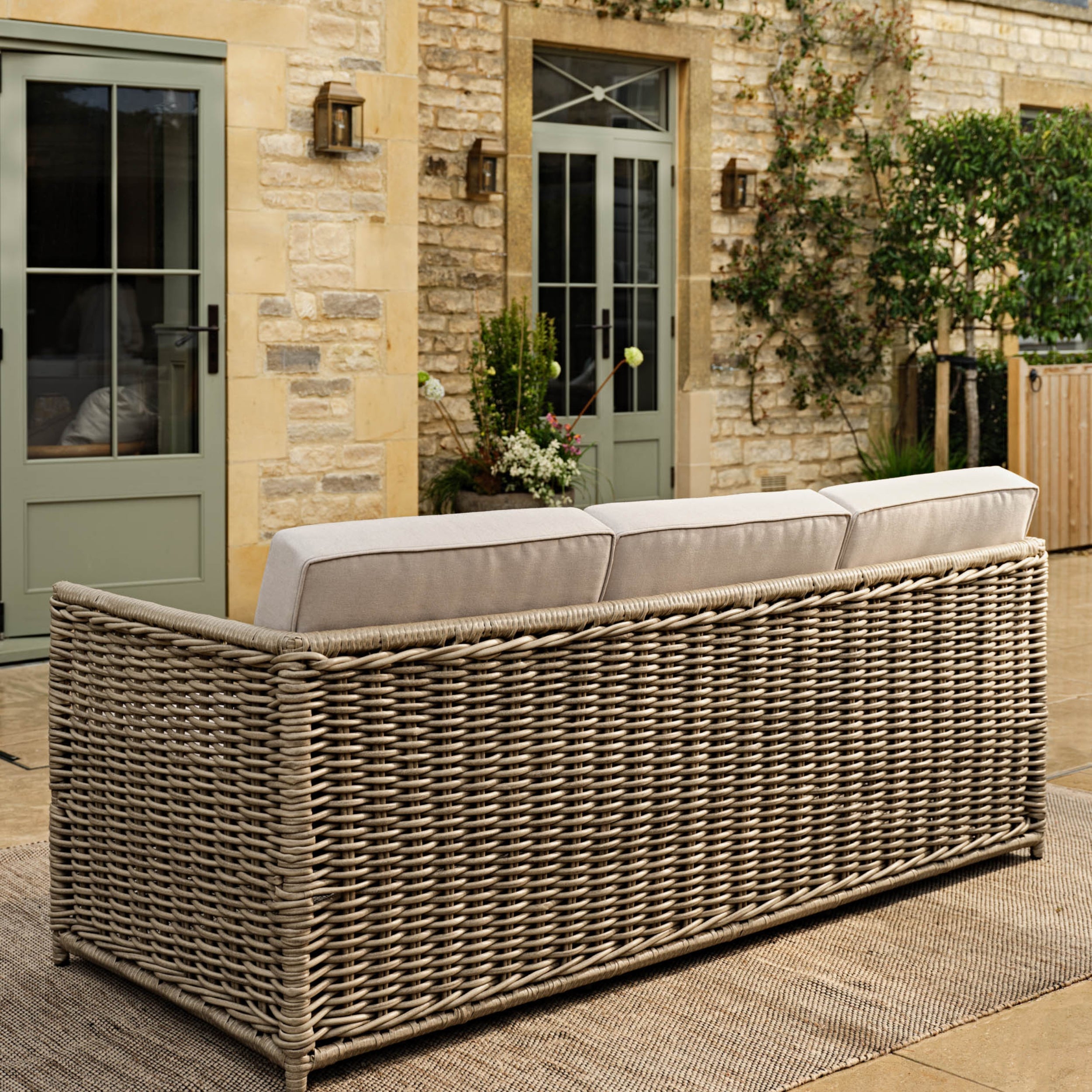 Harting 3-Seater Outdoor Sofa – PE Rattan & Linen-Look Cushions