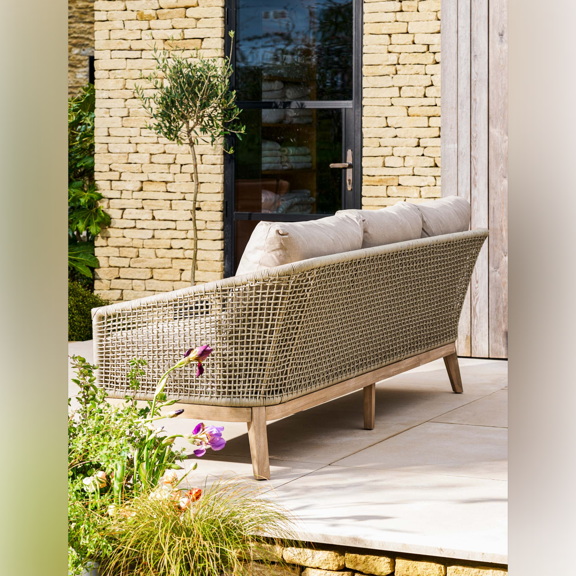 Lynton 3 Seater Outdoor Sofa – Acacia Wood & Grey Cushions