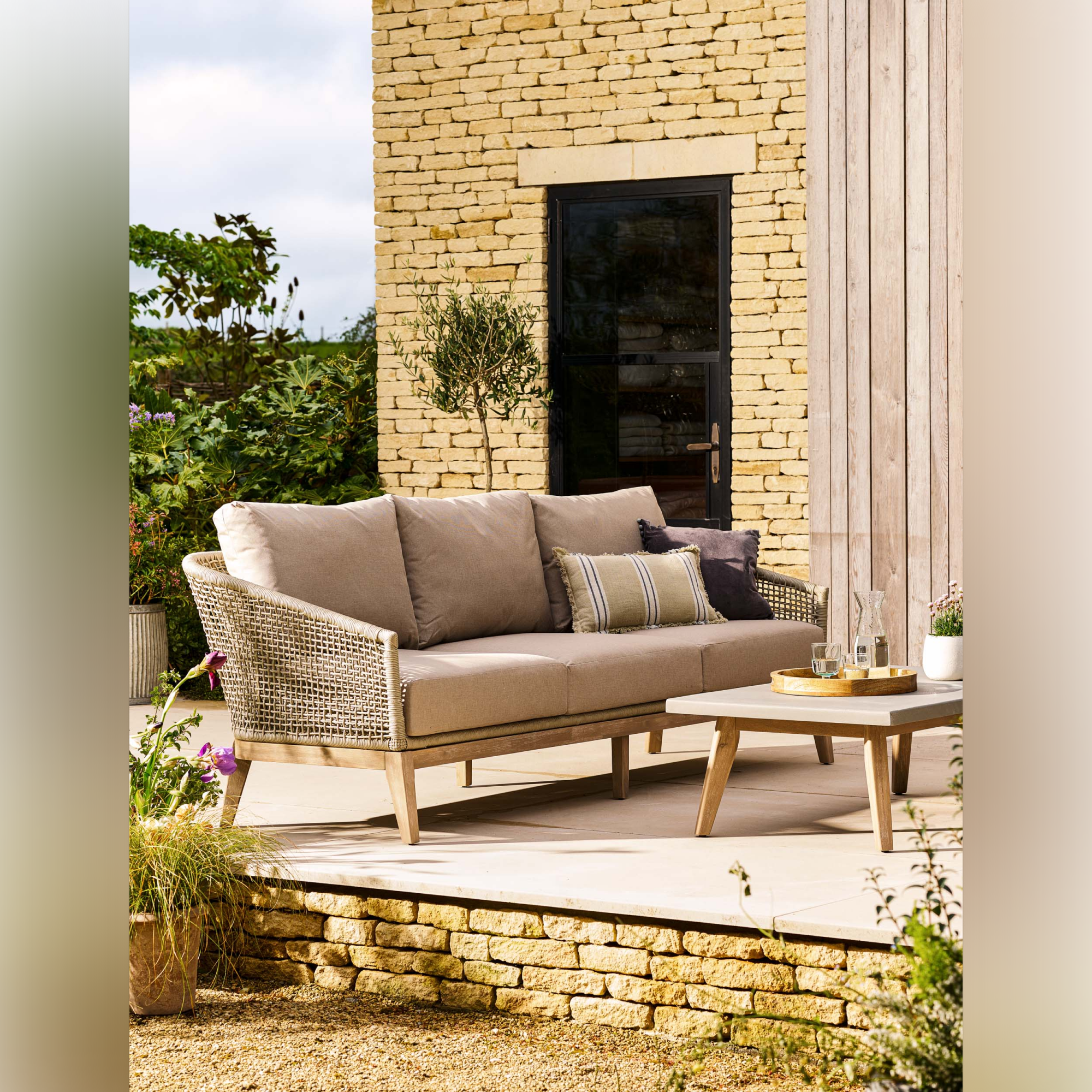 Lynton 3 Seater Outdoor Sofa – Acacia Wood & Grey Cushions